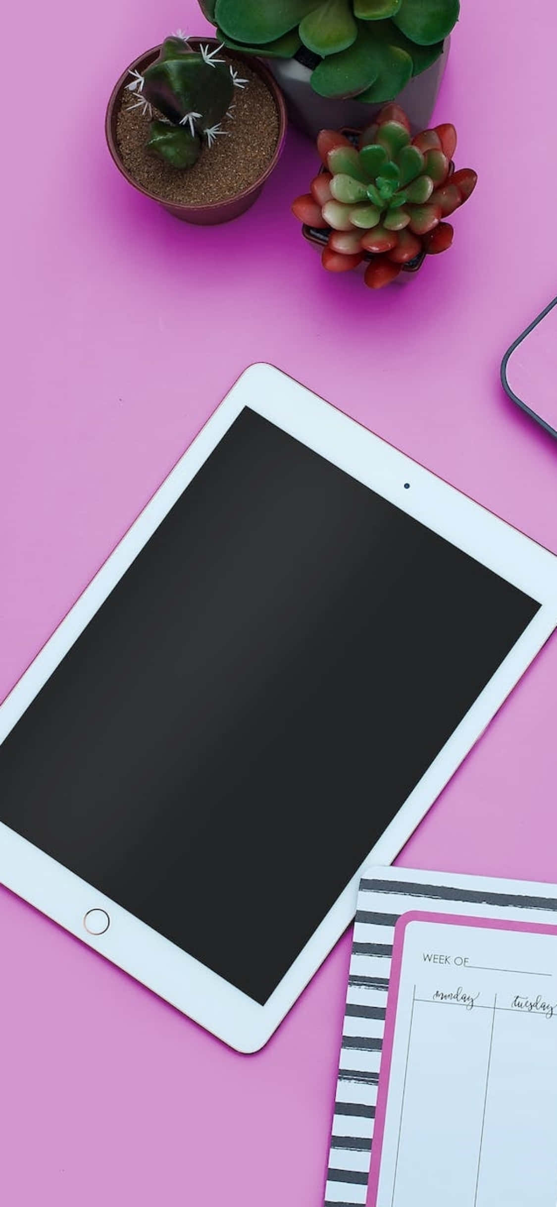 พื้นหลังโต๊ะสีชมพู iPhone X พร้อม iPad วอลเปเปอร์