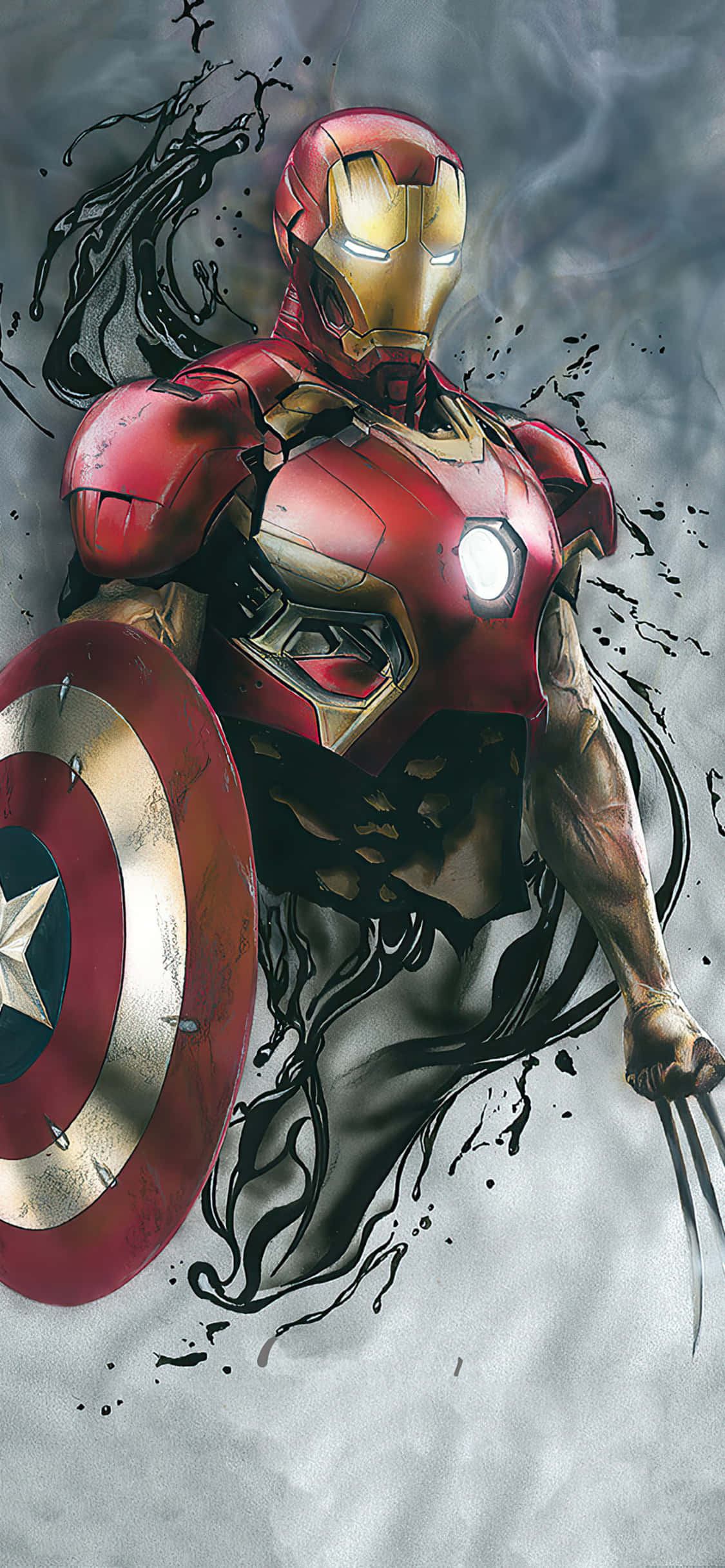 พื้นหลัง iPhone X Iron Man พร้อมโล่กัปตันอเมริกาและกรงเล็บวูล์ฟเวรีน วอลเปเปอร์