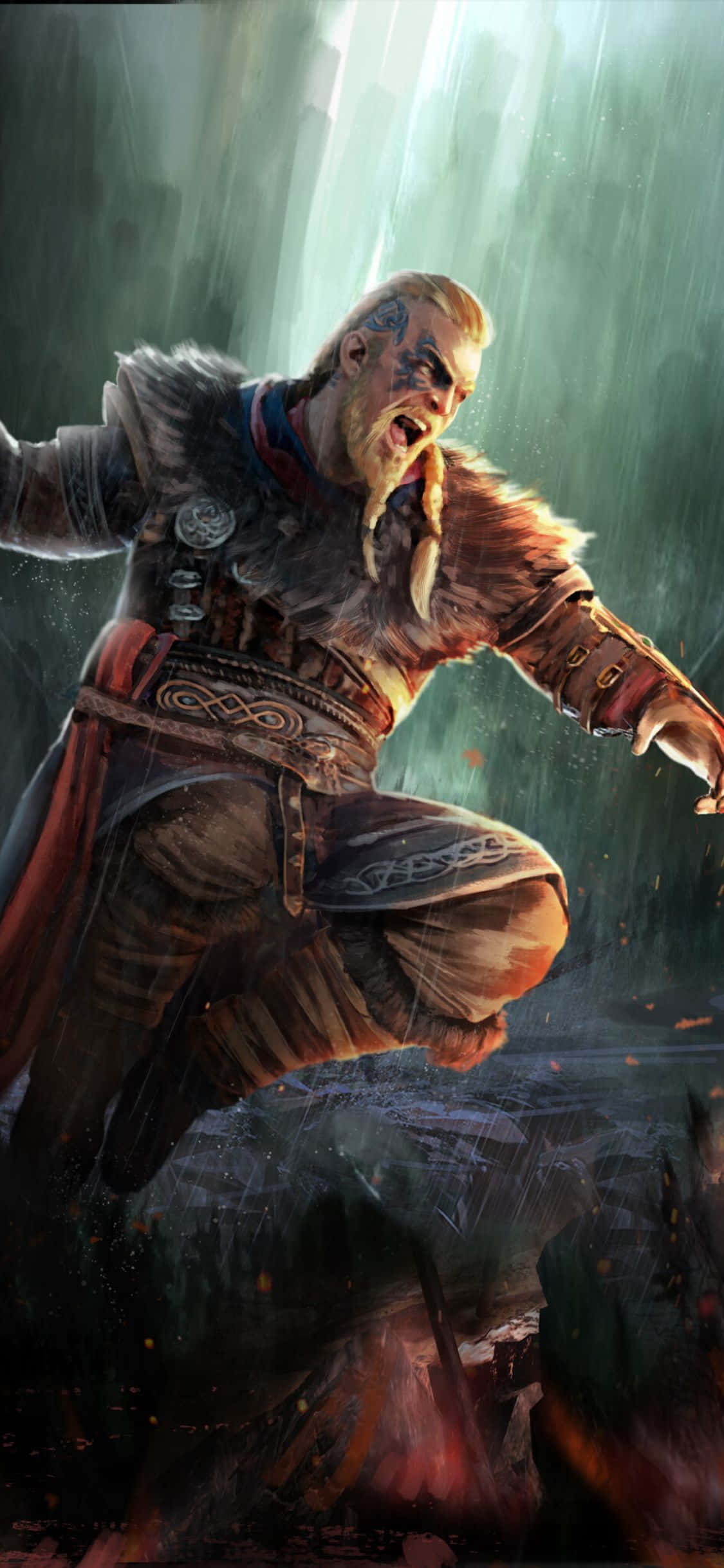 iPhone XS Assassin's Creed Valhalla อีวอร์กระโดดโจมตีพื้นหลัง วอลเปเปอร์