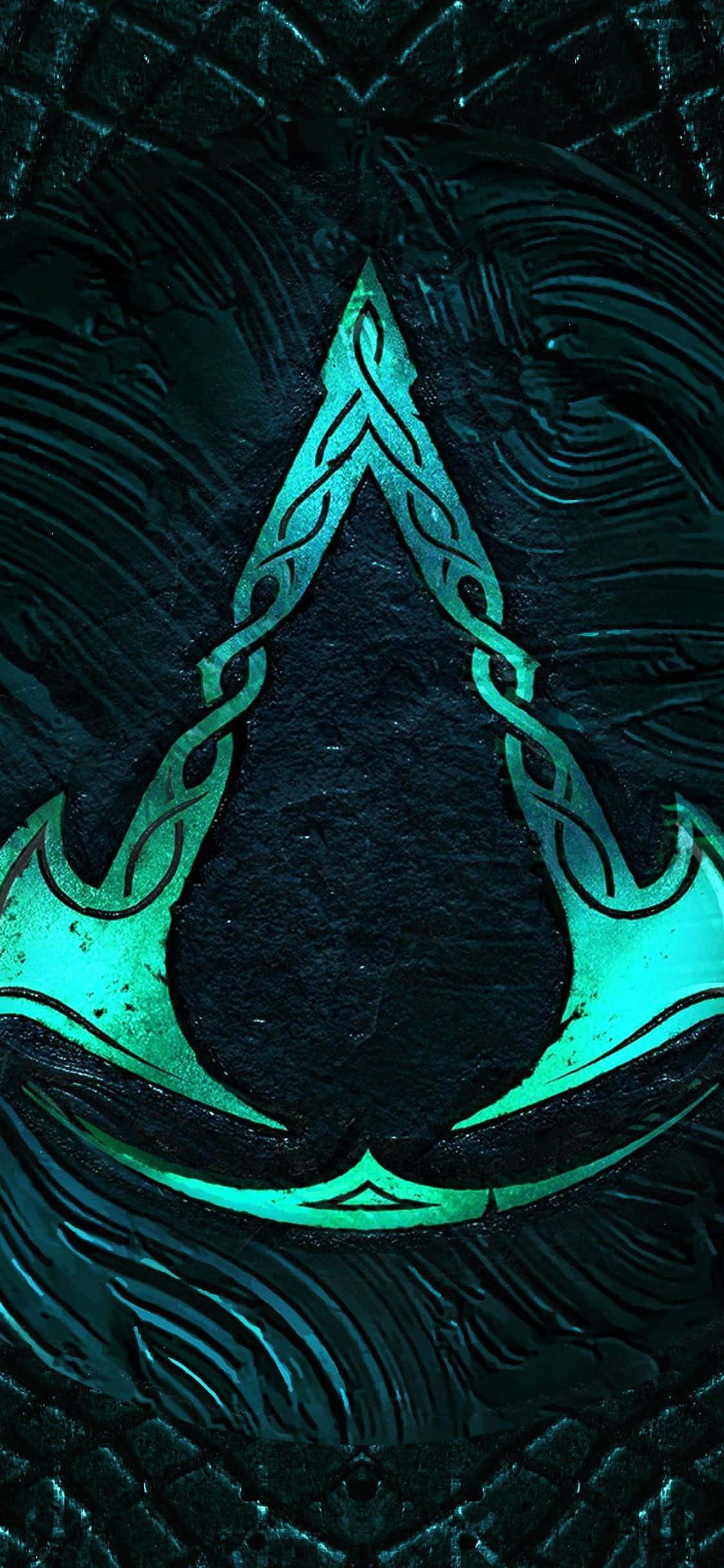 iPhone XS Assassin's Creed Valhalla โลโก้เกมสีเขียวทำจากขวานพื้นหลัง วอลเปเปอร์