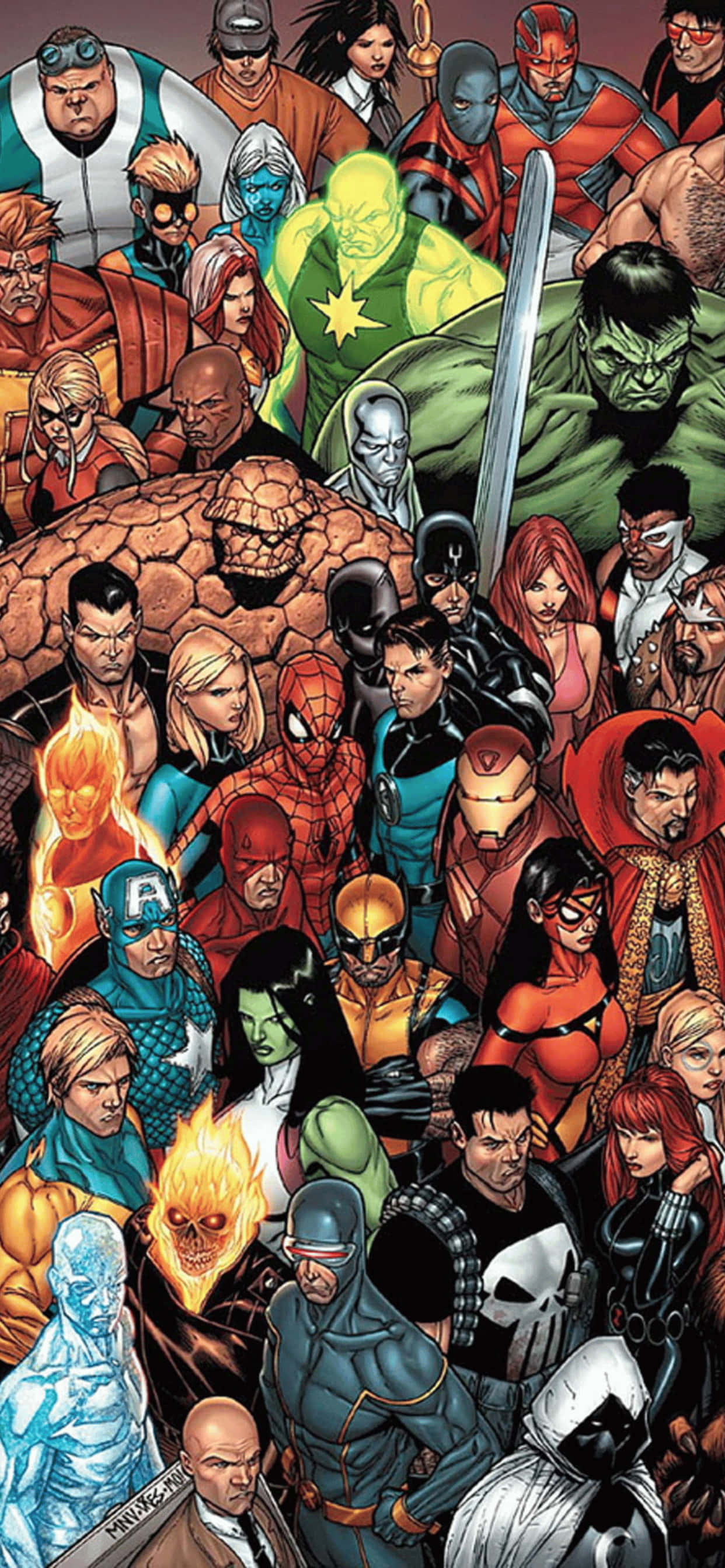 พื้นหลัง iPhone XS Max รวมฮีโร่ Marvel ทั้งหมด วอลเปเปอร์