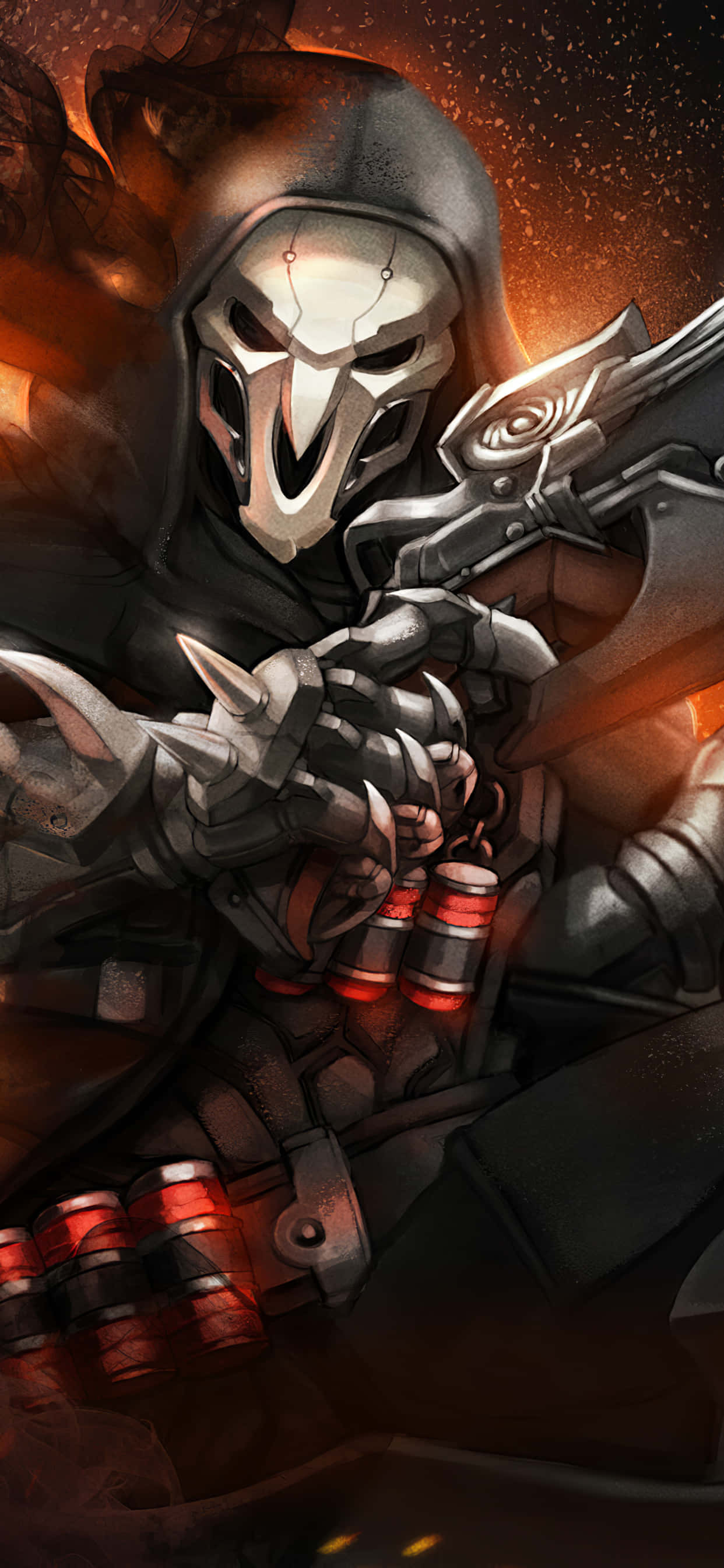 iPhone Xs Max Overwatch พื้นหลัง Reaper พร้อมปืนของเขา วอลเปเปอร์