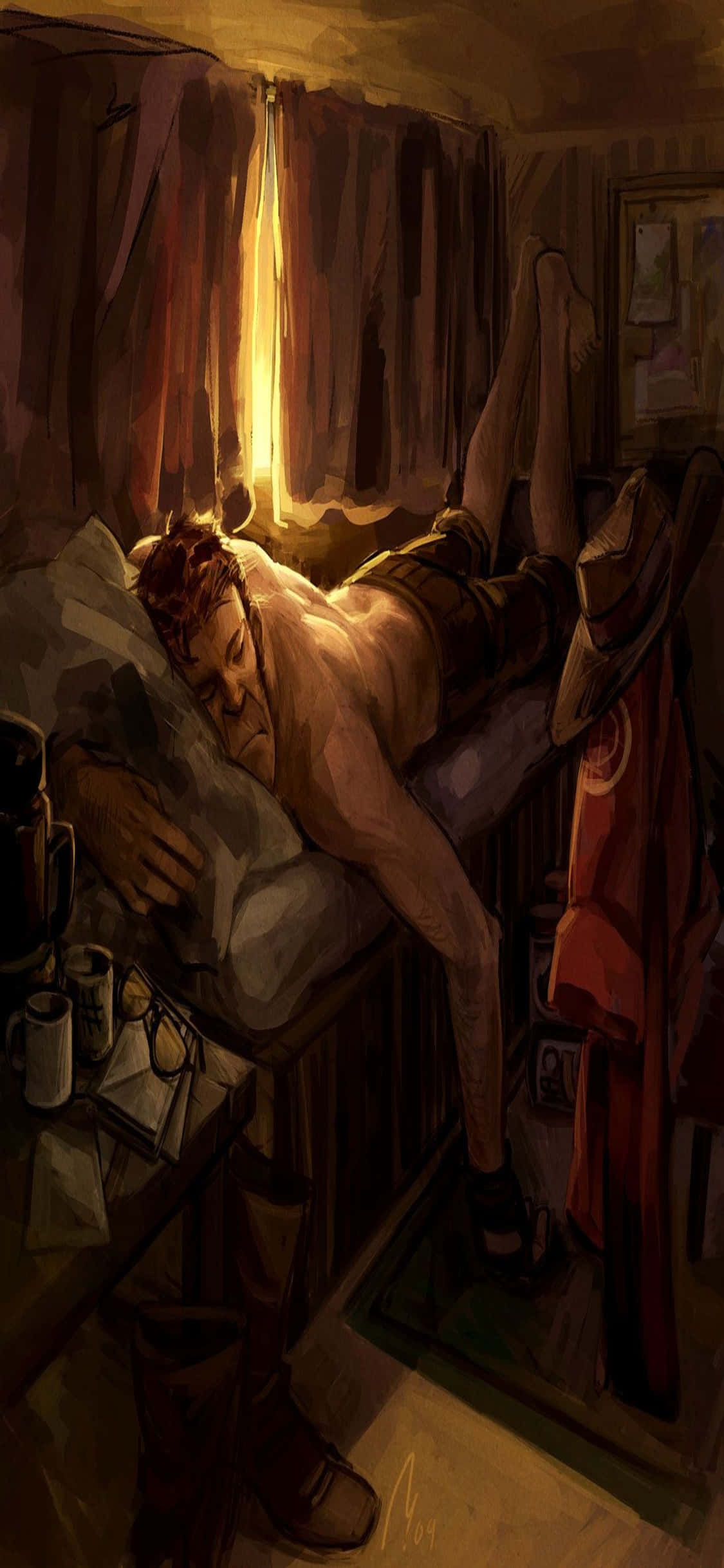 iPhone Xs TF2 พื้นหลัง ภาพวาดแฟนอาร์ต Sniper กำลังนอนหลับ วอลเปเปอร์