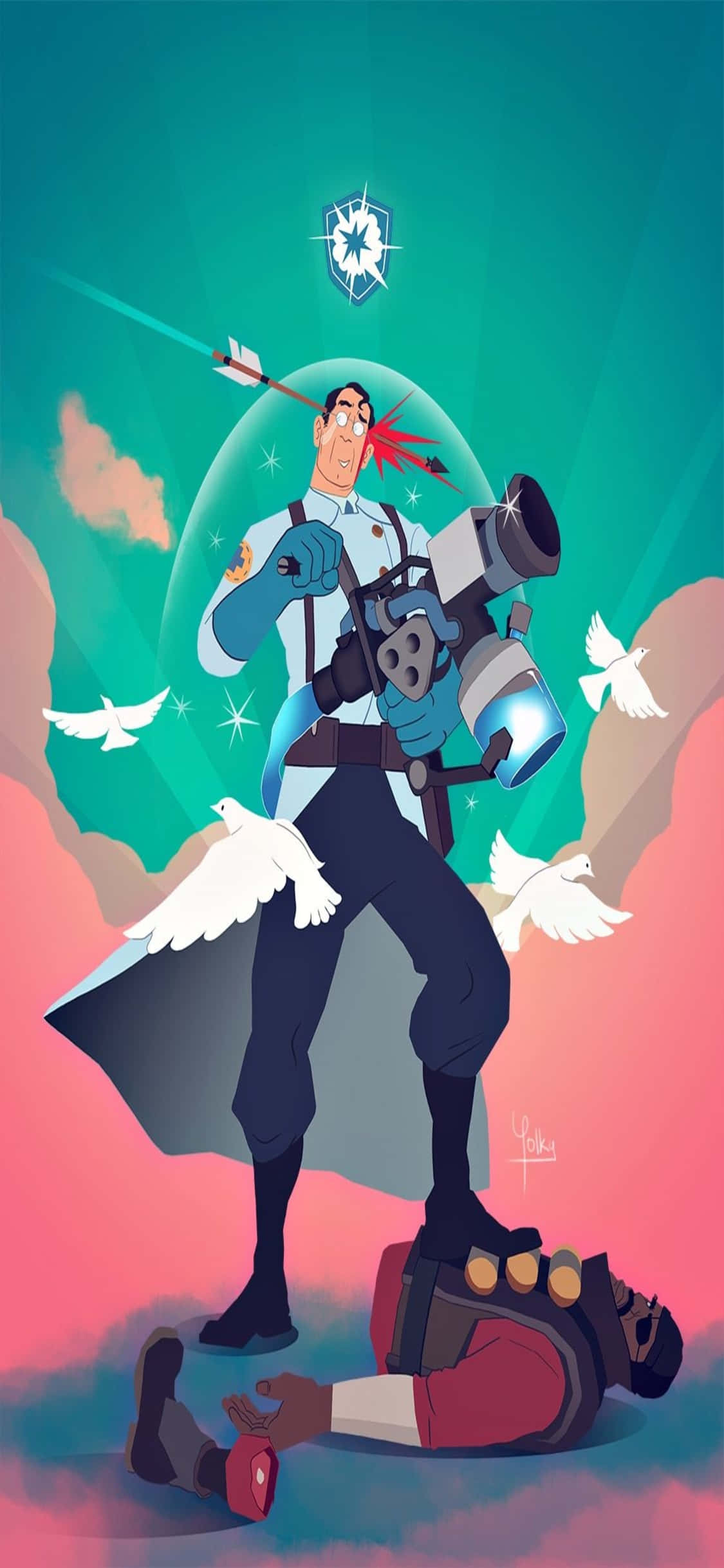 iPhone Xs TF2 พื้นหลัง แฟนอาร์ต Medic ยืนบน Demoman วอลเปเปอร์