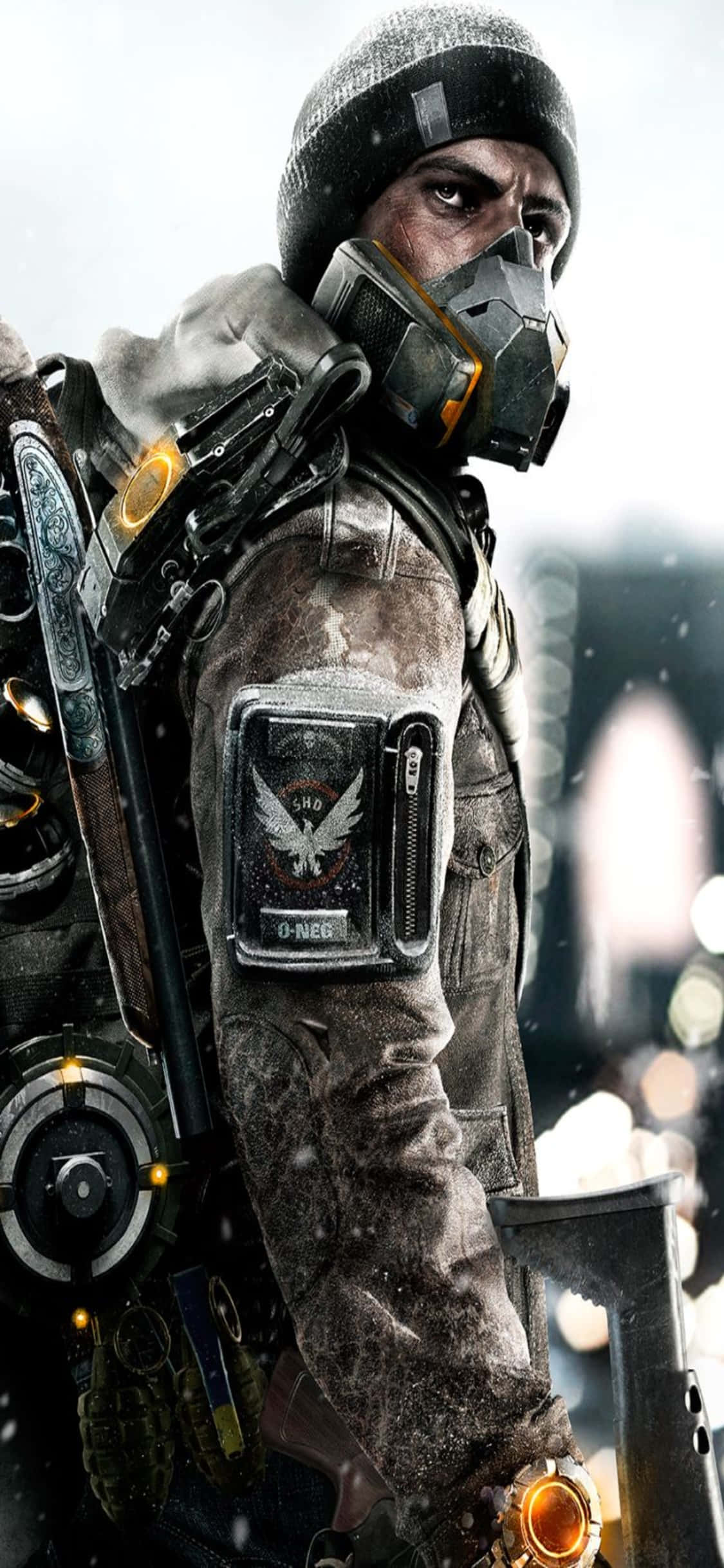 iPhone Xs The Division พื้นหลังชายสวมหน้ากากกันแก๊สในหิมะ วอลเปเปอร์