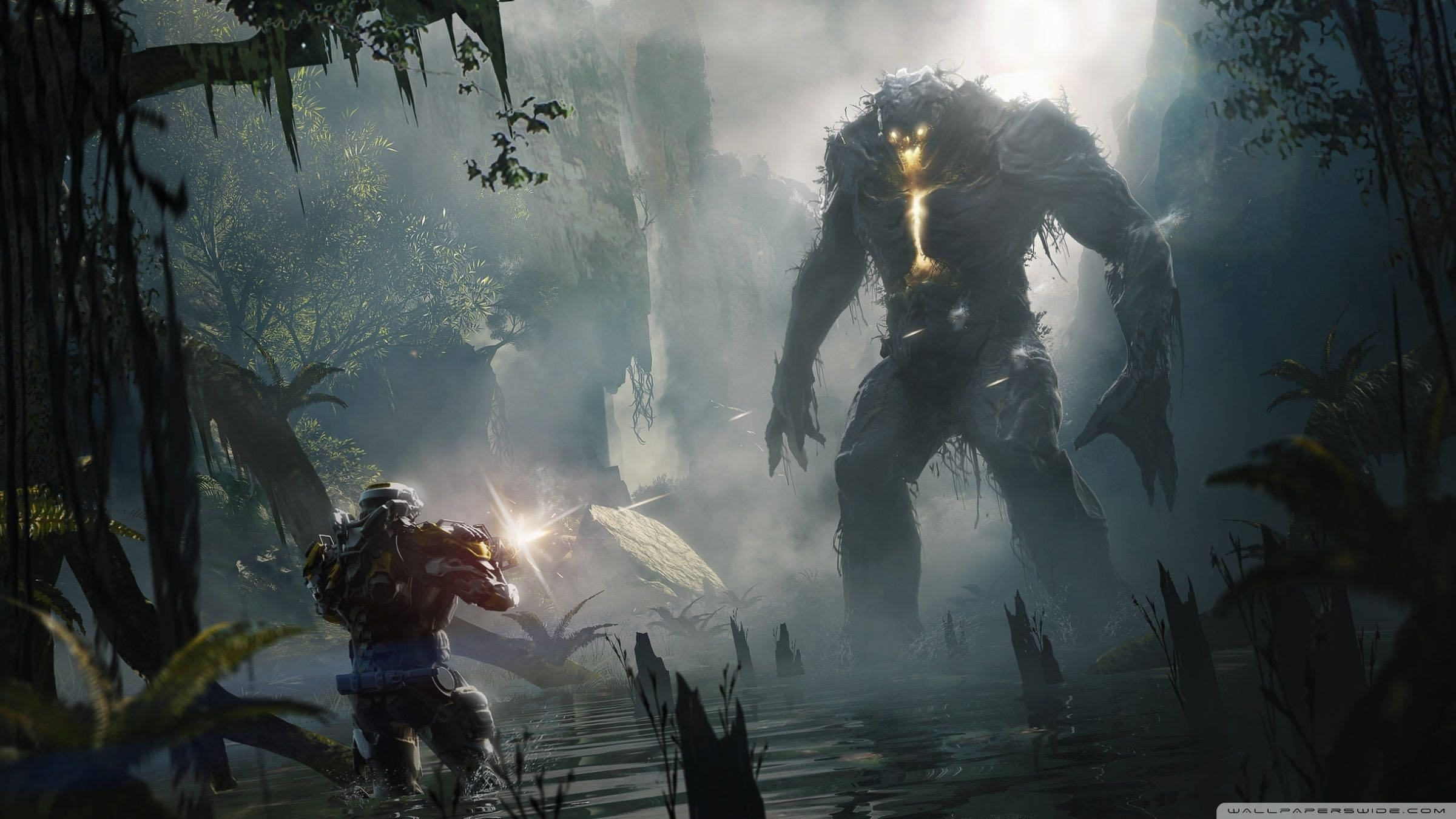 การประจันหน้าระหว่าง Javelin และศัตรูในเกมไซไฟสุดยิ่ง Anthem วอลเปเปอร์