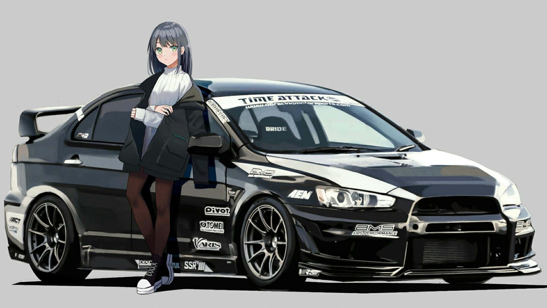 สาวอนิเมะสไตล์ JDM กับ Mitsubishi Lancer Evolution วอลเปเปอร์