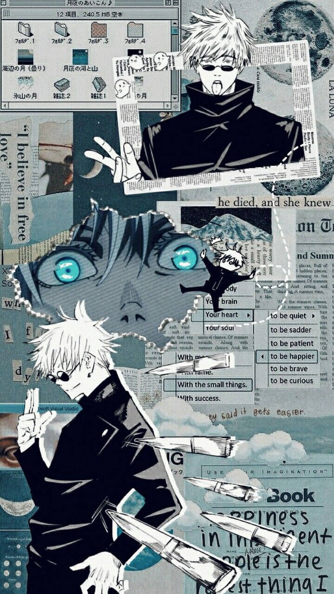 ภาพตัดปะสมุดบันทึกสีน้ำเงินของซาโตรุ โกโจ Jujutsu Kaisen สำหรับมือถือ วอลเปเปอร์