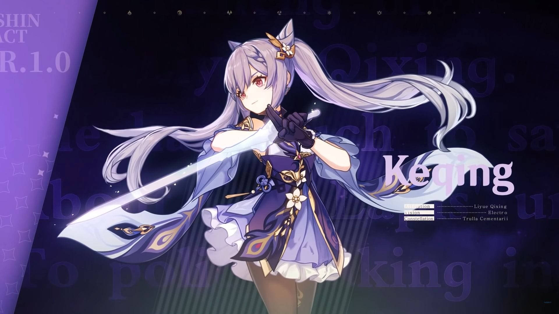 Keqing โพสท่าในชุดของเธอจากวิดีโอเกม "Genshin Impact" วอลเปเปอร์