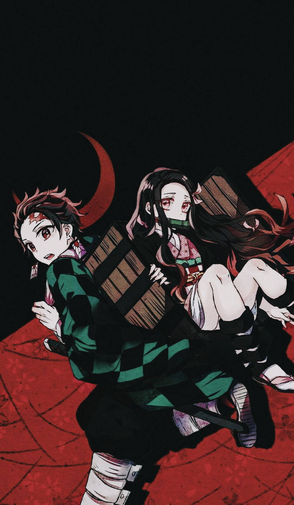 วอลเปเปอร์ Demon Slayer ของทานจิโร่พร้อมกล่องไม้บนหลังที่มีเนซึโกะอยู่ข้างใน — ดาบพิฆาตอสูร วอลเปเปอร์