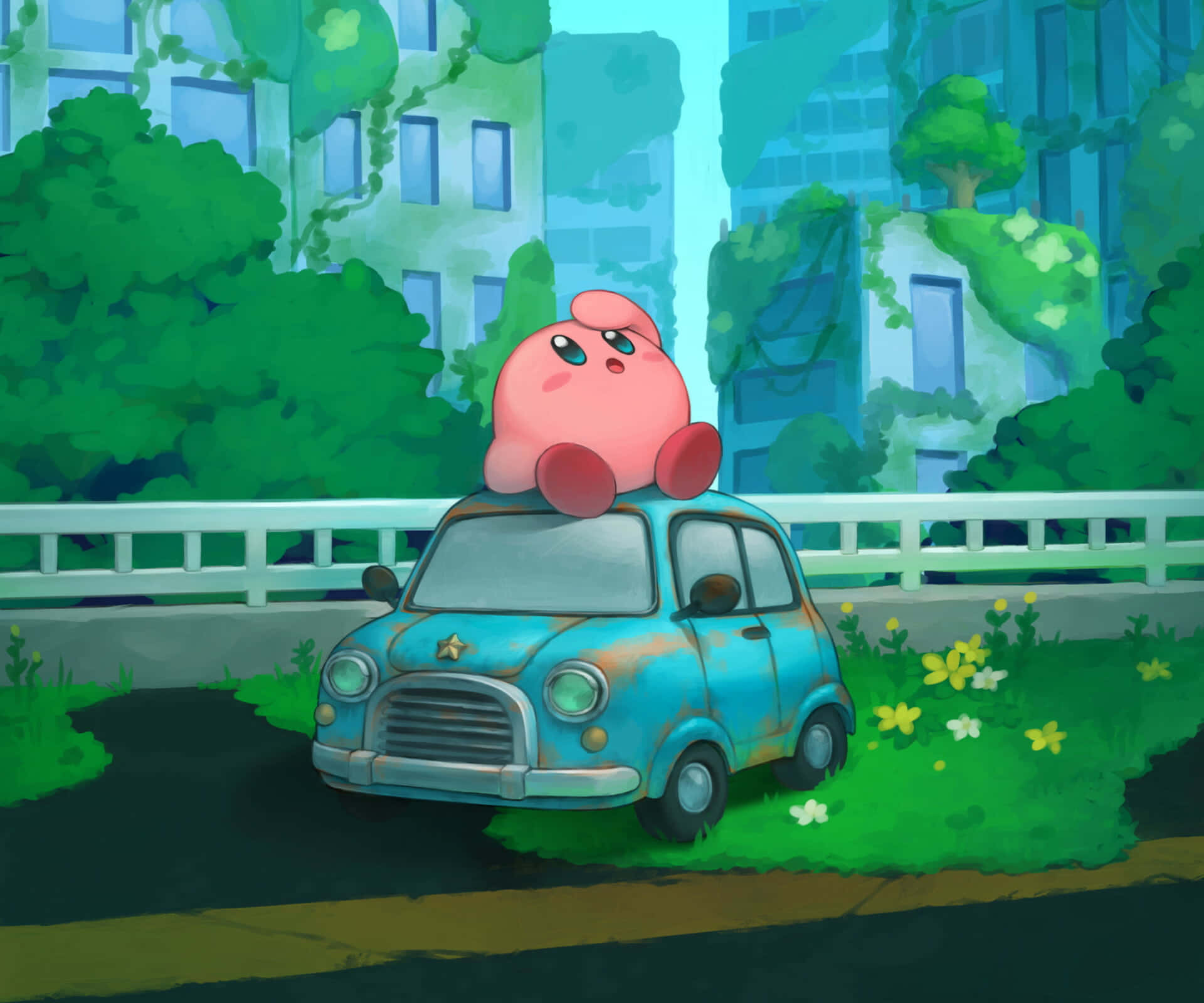 Kirby ลอยอยู่ท่ามกลางเมฆบนท้องฟ้าสีชมพู วอลเปเปอร์