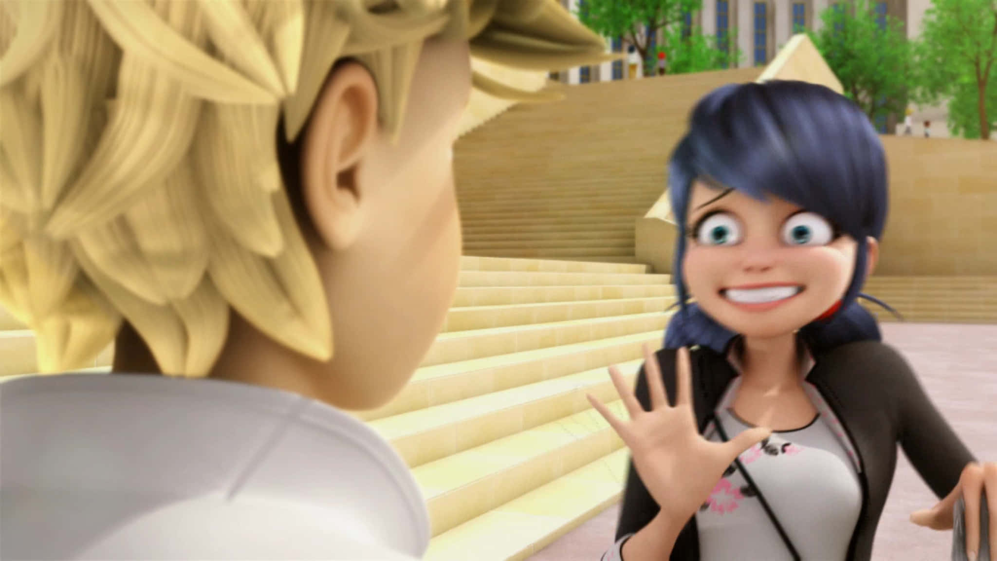 รูปตลกของ Ladybug จาก Miraculous Ladybug หน้าตื่นตกใจต่อหน้า Cat Noir วอลเปเปอร์