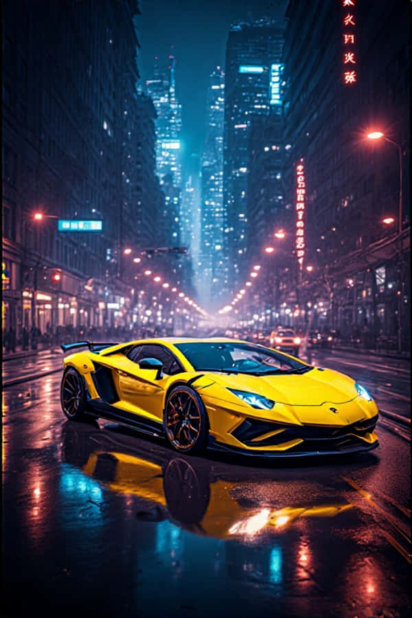 นีโอนเหลือง Lamborghini ยามค่ำคืน ภาพวอลเปเปอร์แนวอนาคต 4K แสงไฟเมือง วอลเปเปอร์