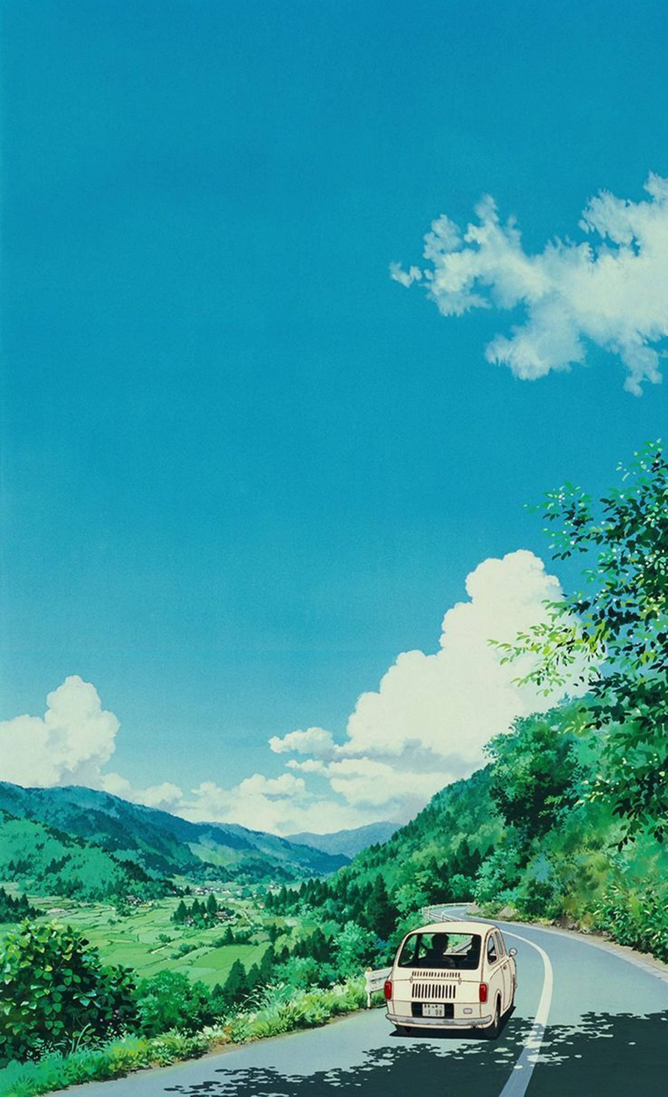 Lo Fi รถสีเหลือง ทิวทัศน์สตูดิโอจิบลิ วอลเปเปอร์