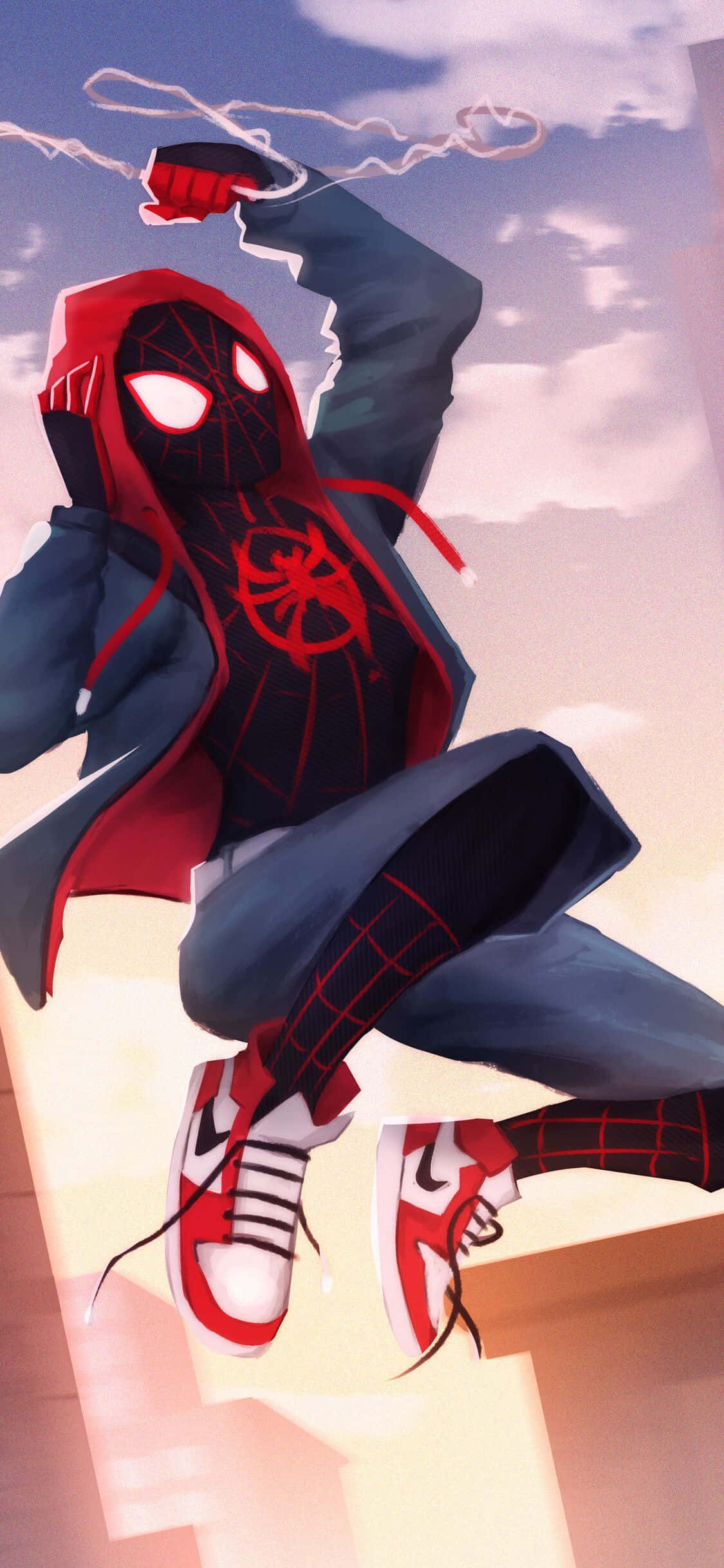 ท้องฟ้าพระอาทิตย์ตกกับไมลส์ โมราเลสตัวละคร Marvel iPhone วอลเปเปอร์