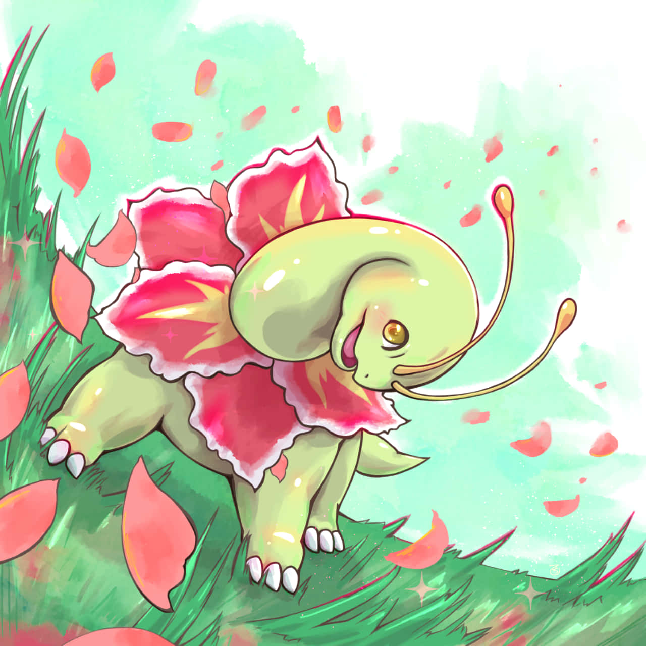 ภาพประกอบ Meganium โปเกมอนในวันลมแรง วอลเปเปอร์