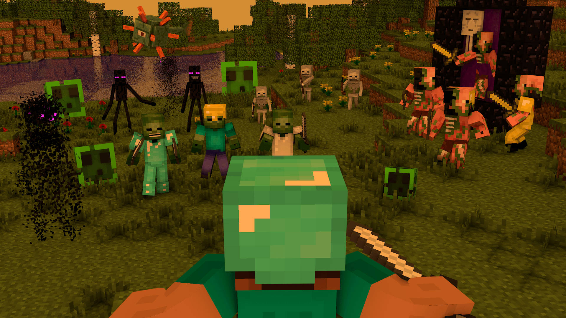 ศัตรูสองคนกำลังต่อสู้กันใน Minecraft วอลเปเปอร์
