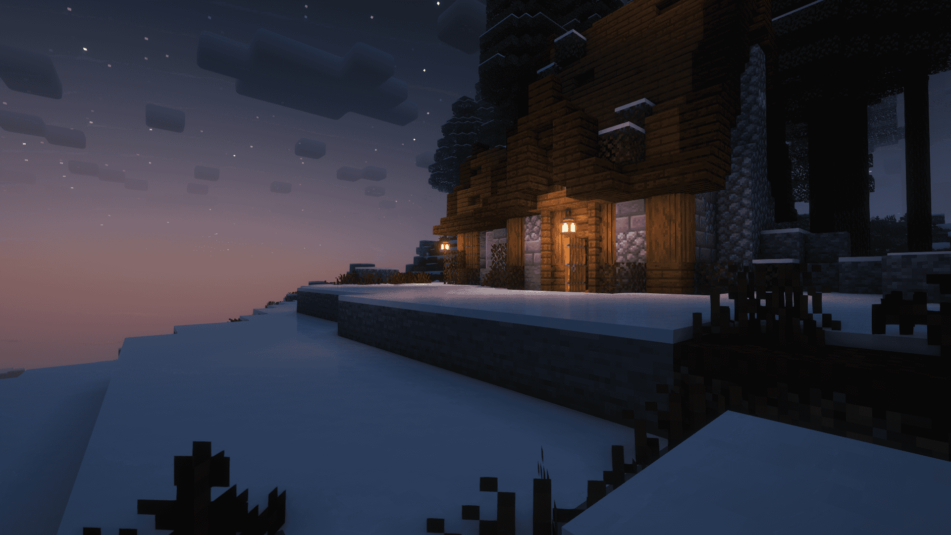 กระท่อมใน Minecraft ที่ปกคลุมด้วยหิมะ วอลเปเปอร์