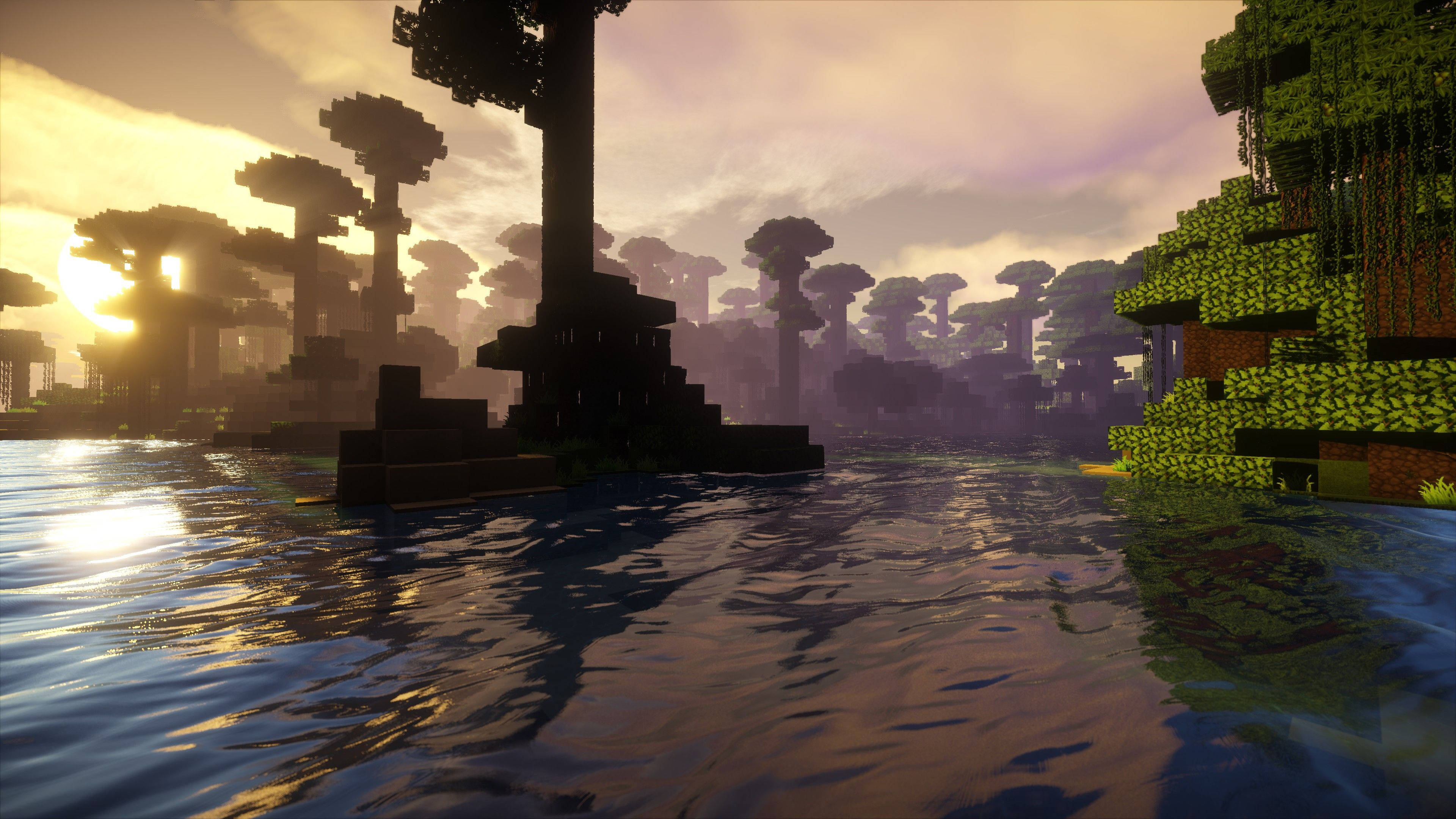ยามเย็นอันเงียบสงบในป่า Minecraft ที่อาบแสงแดด วอลเปเปอร์