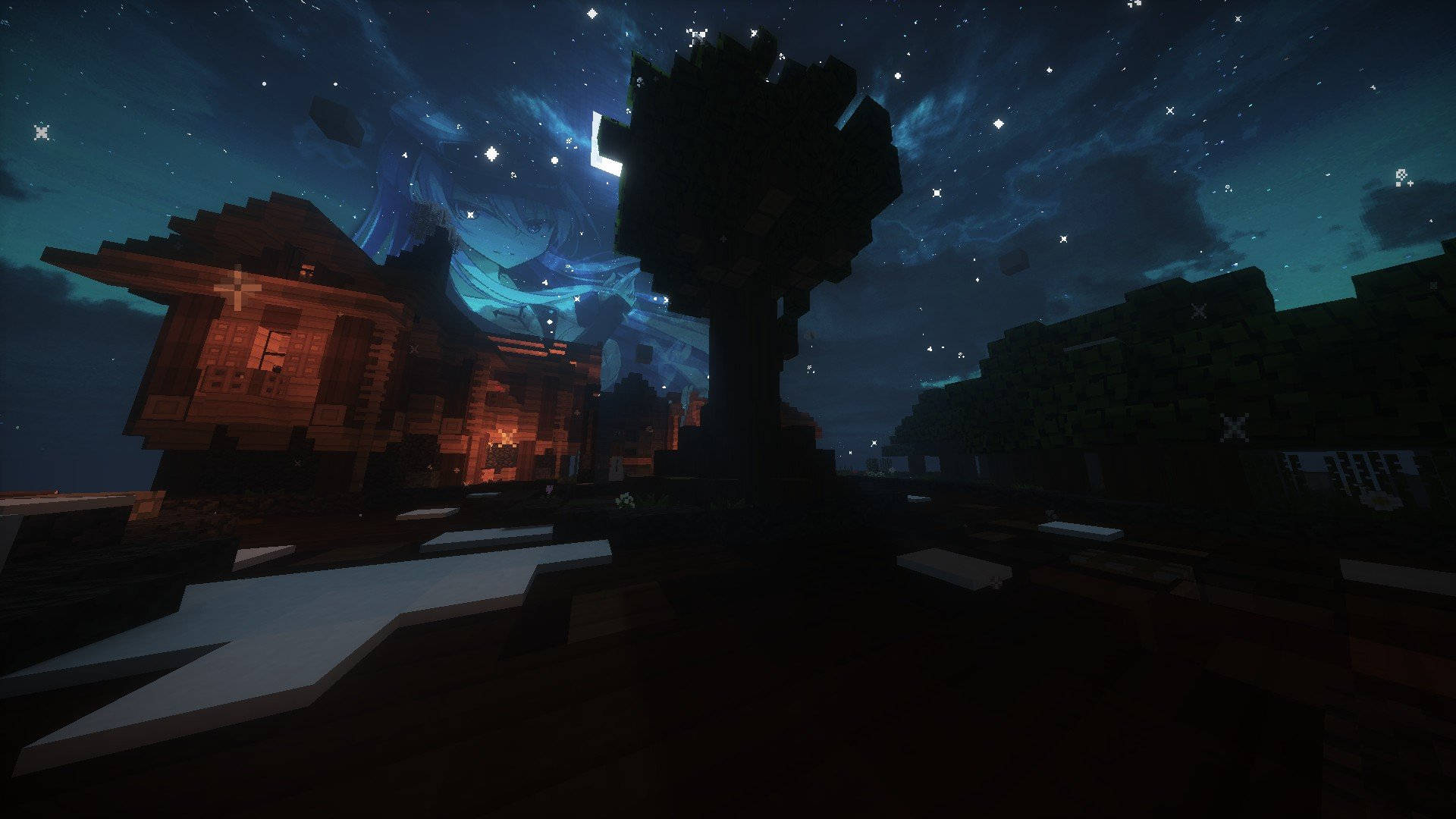 ท้องฟ้ายามค่ำคืนสไตล์สวยงามใน Minecraft วอลเปเปอร์