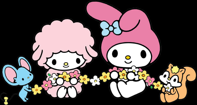มาสคอต My Melody และผองเพื่อนประดับพวงดอกไม้ วอลเปเปอร์