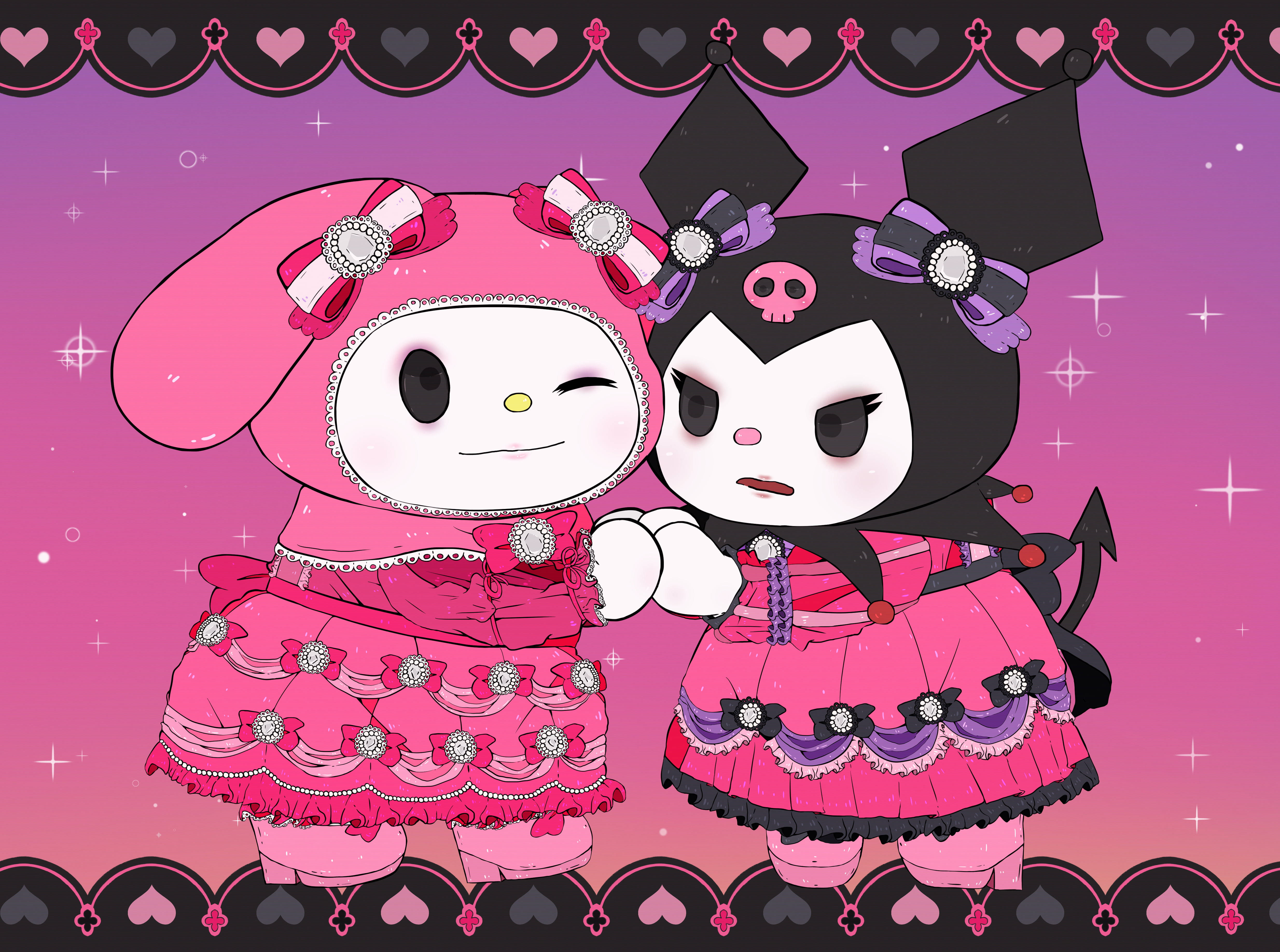 น่ารักสุดๆ My Melody และ Kuromi ในชุดราตรีสีชมพู วอลเปเปอร์