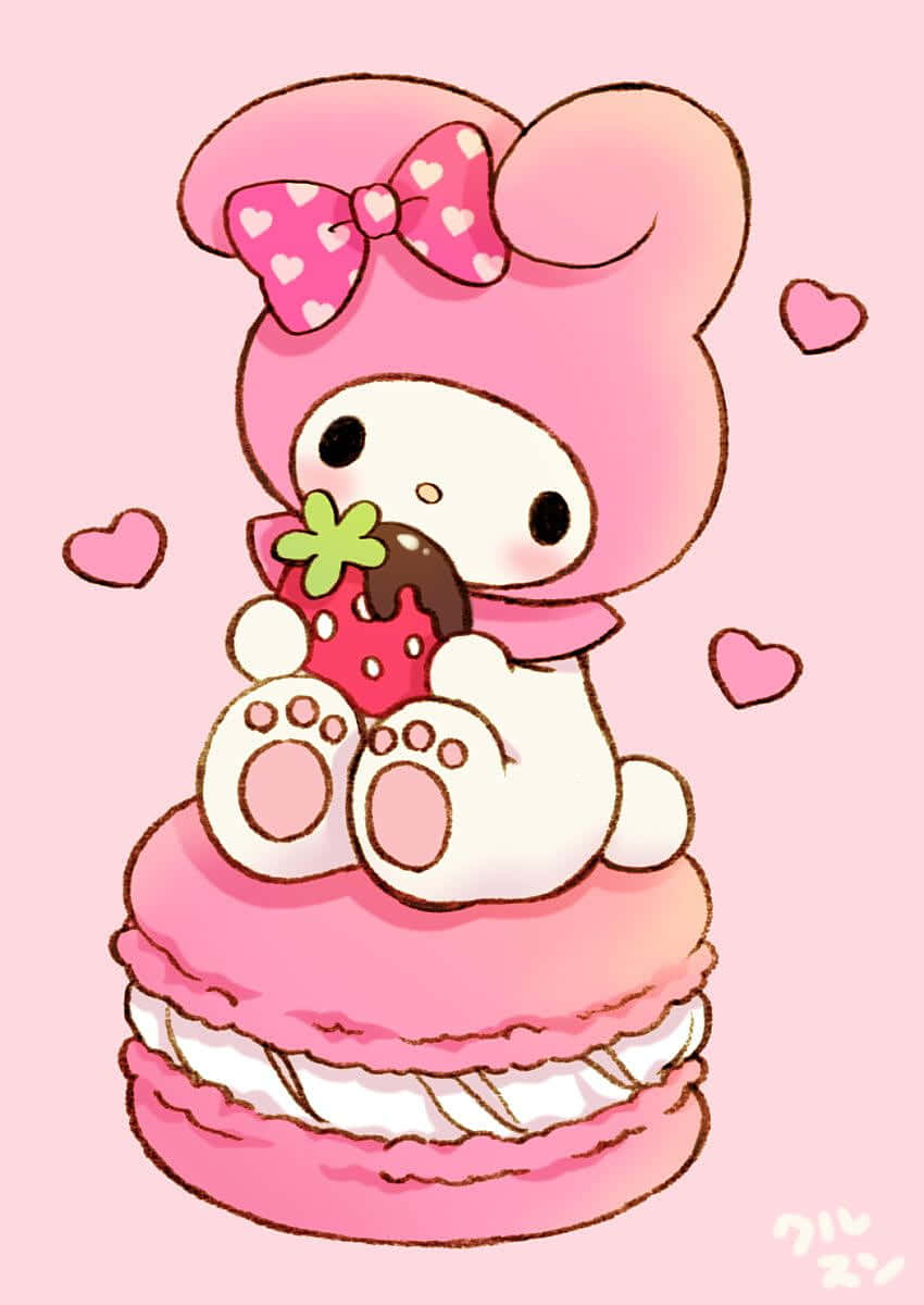My Melody น่ารักกินสตรอว์เบอร์รี่บนมาการอง วอลเปเปอร์