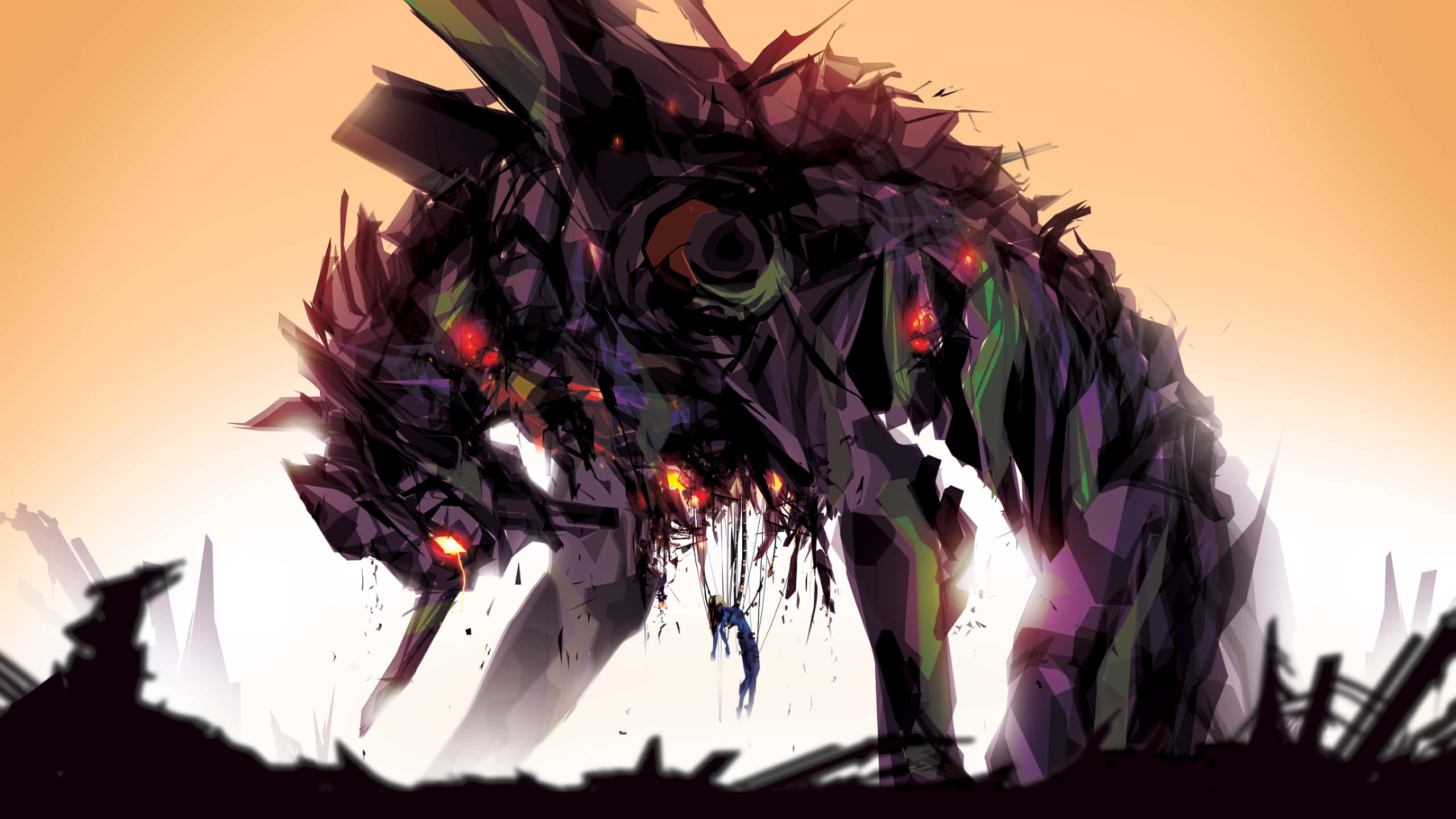 ผู้พิทักษ์หุ่นยนต์แห่งอนาคตจาก Neon Genesis Evangelion ภายใต้ท้องฟ้ายามพลบค่ำ วอลเปเปอร์