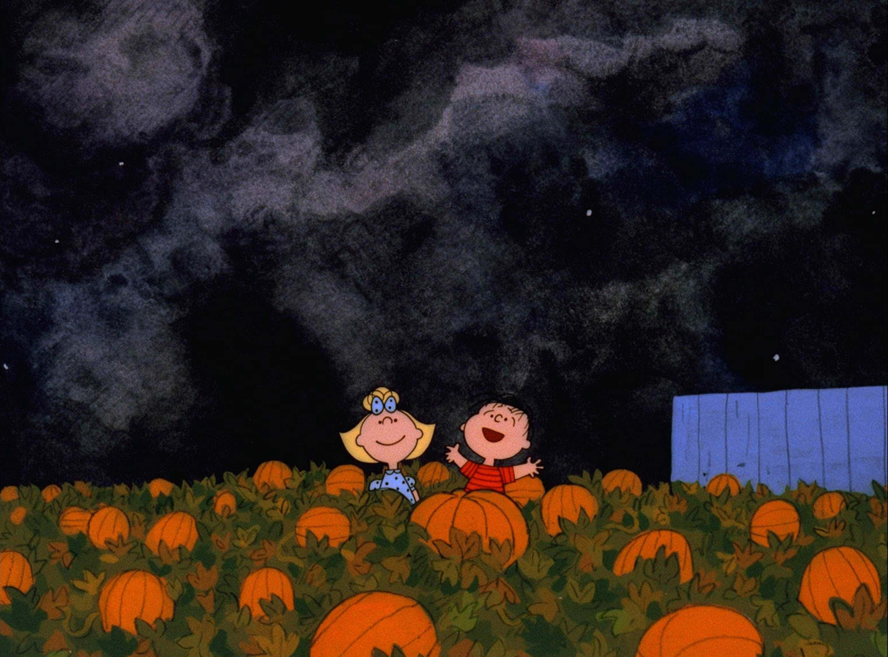 พื้นหลังฮาโลวีนสไตล์สวยงาม ตัวละคร Peanuts ในทุ่งฟักทอง วอลเปเปอร์