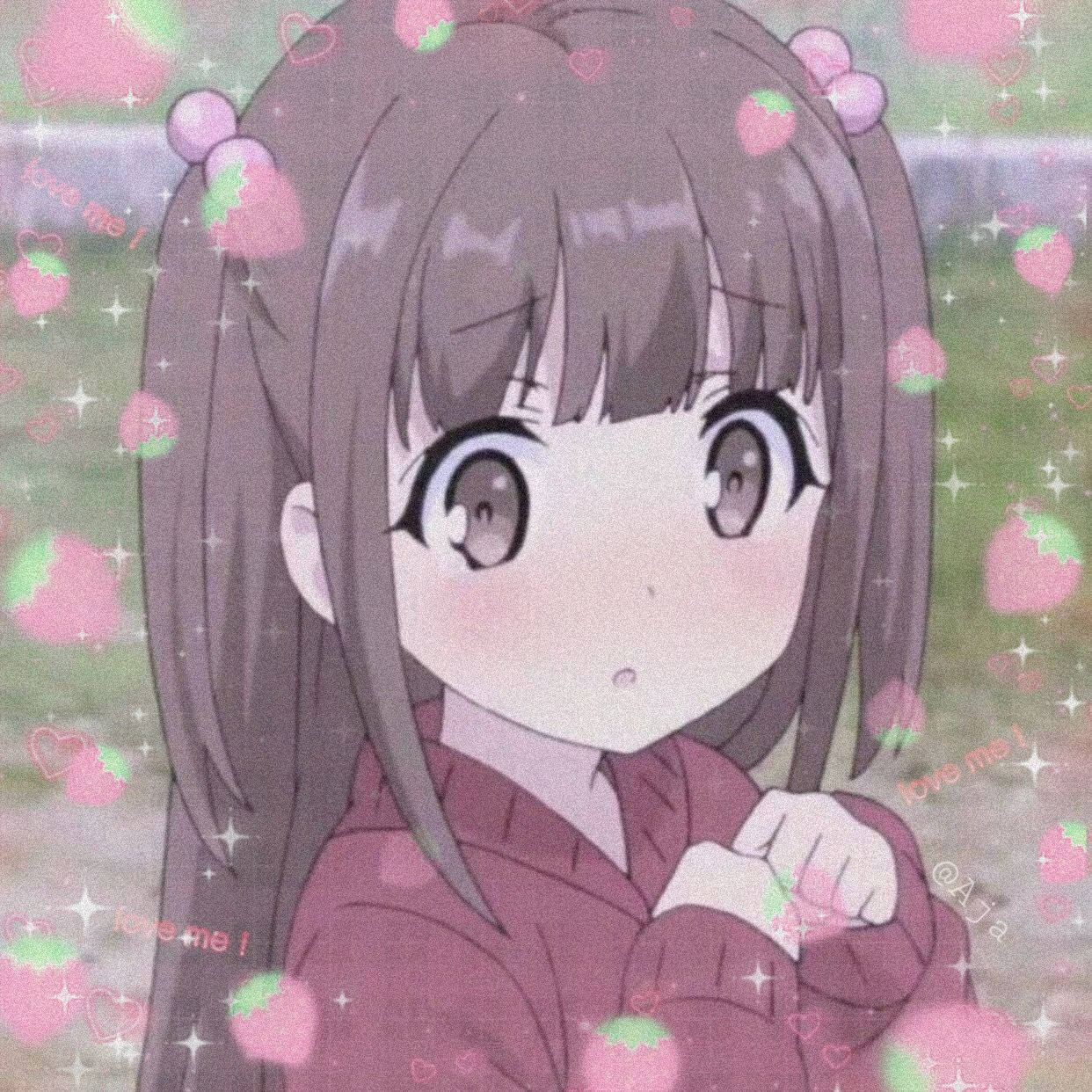 น่ารักอนิเมะสาว PFP Onnanoko สตรอเบอร์รี่และหัวใจ วอลเปเปอร์