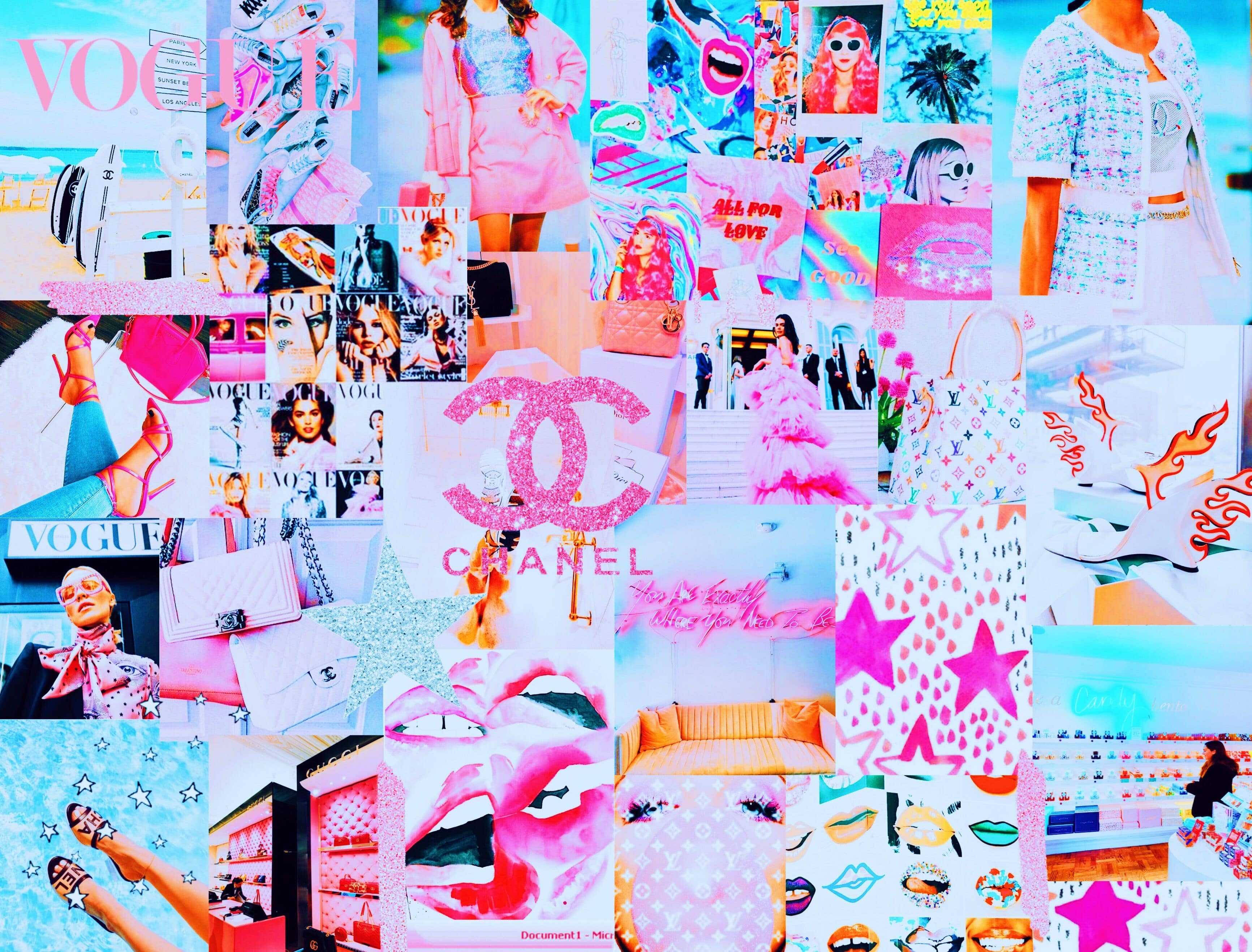 ภาพพื้นหลังคอลลาจ Preppy สีชมพูและฟ้าสดใส วอลเปเปอร์