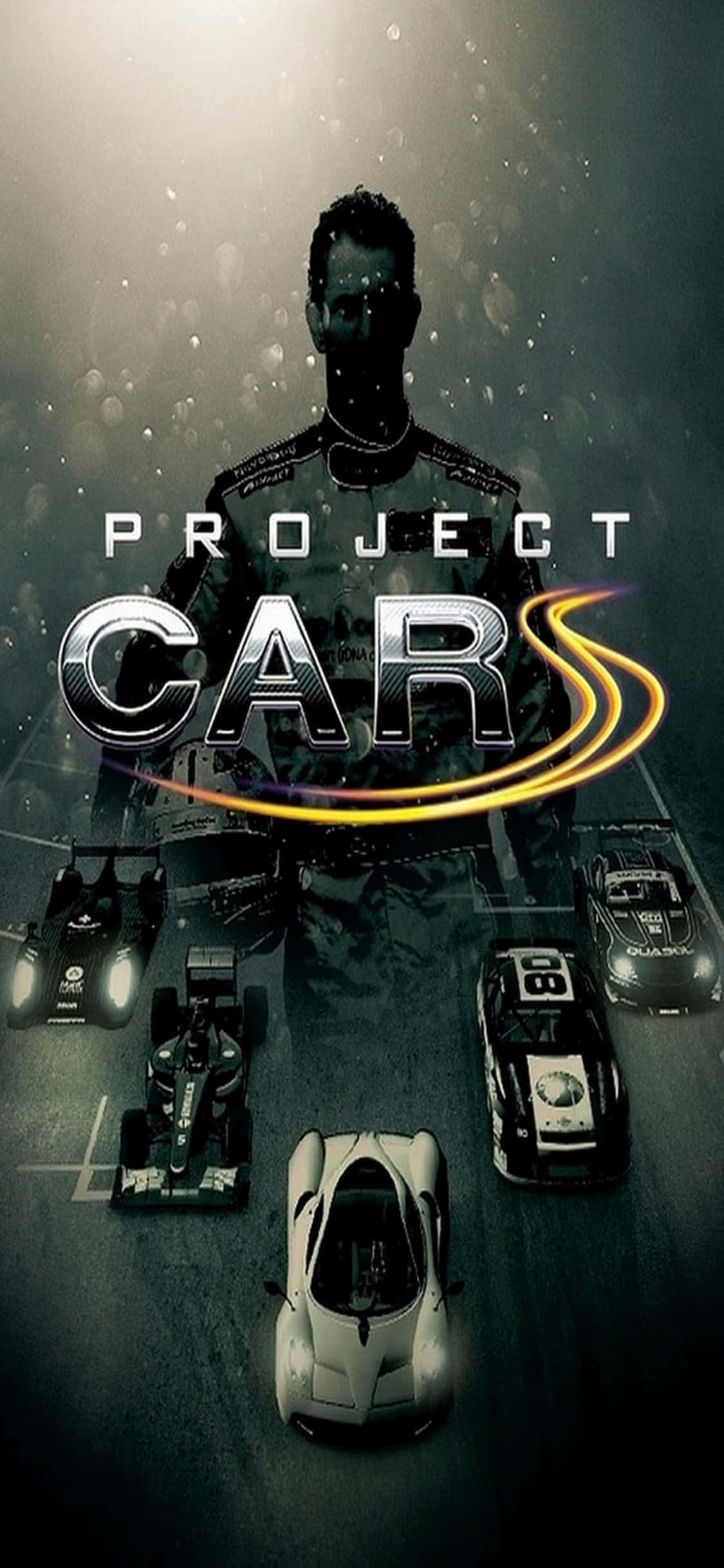 โปสเตอร์ชื่อเกม Project Cars พร้อมรถหลายคัน พื้นหลัง iPhone X วอลเปเปอร์