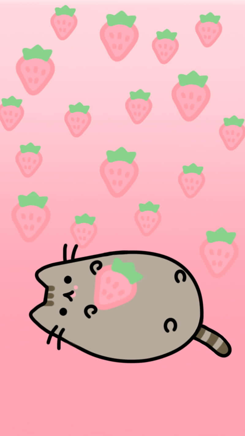 Pusheen กับสตรอว์เบอร์รี่สีพาสเทลน่ารัก วอลเปเปอร์