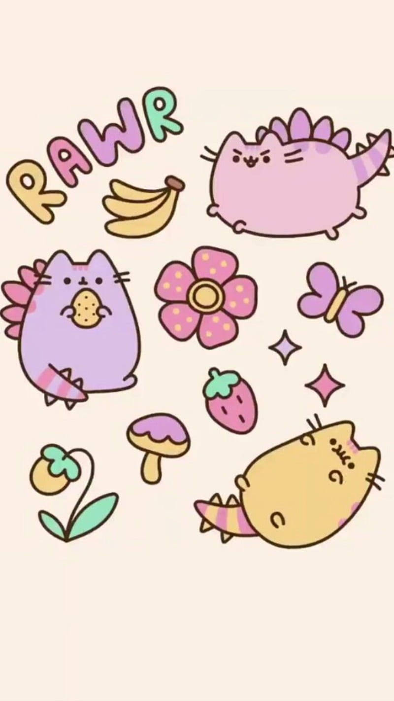 Pusheen ไดโนเสาร์สีสันสดใสวอลเปเปอร์ iPhone วอลเปเปอร์