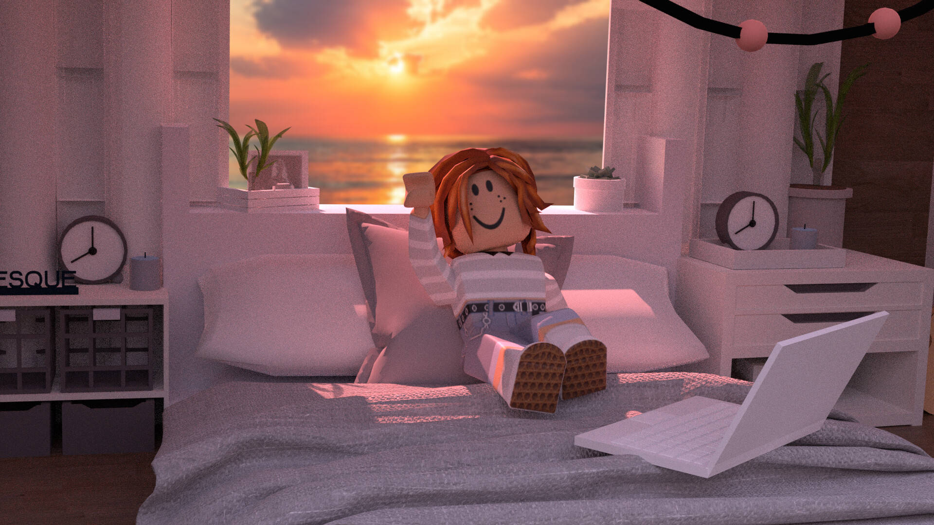 สาว Roblox สไตล์อีสเทติกในห้องนอนสีขาว วอลเปเปอร์