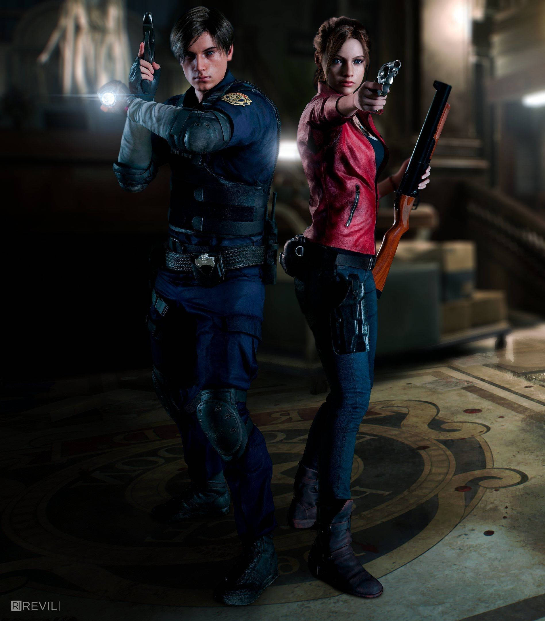 ลีออนและแคลร์สู้ฝ่าฝูงซอมบี้ที่RPDในResident Evil 2 Remake วอลเปเปอร์