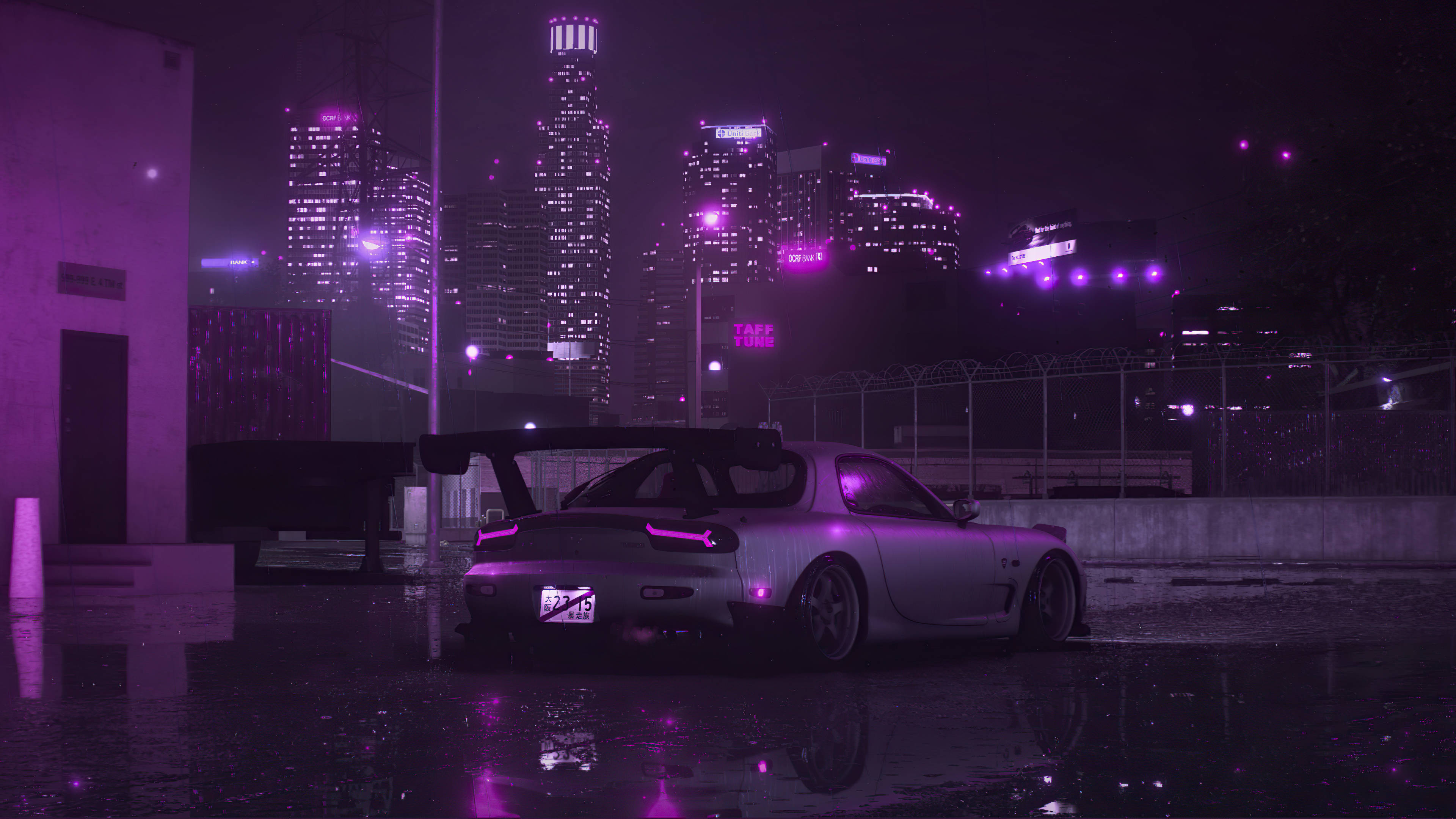 RX7 สีเงินและเมืองสีม่วง วอลเปเปอร์