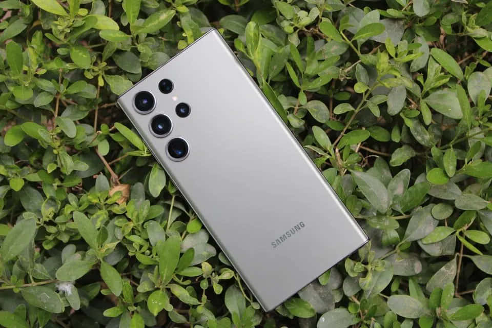 Samsung S23 Ultra บนพื้นหลังใบไม้สีเขียว วอลเปเปอร์