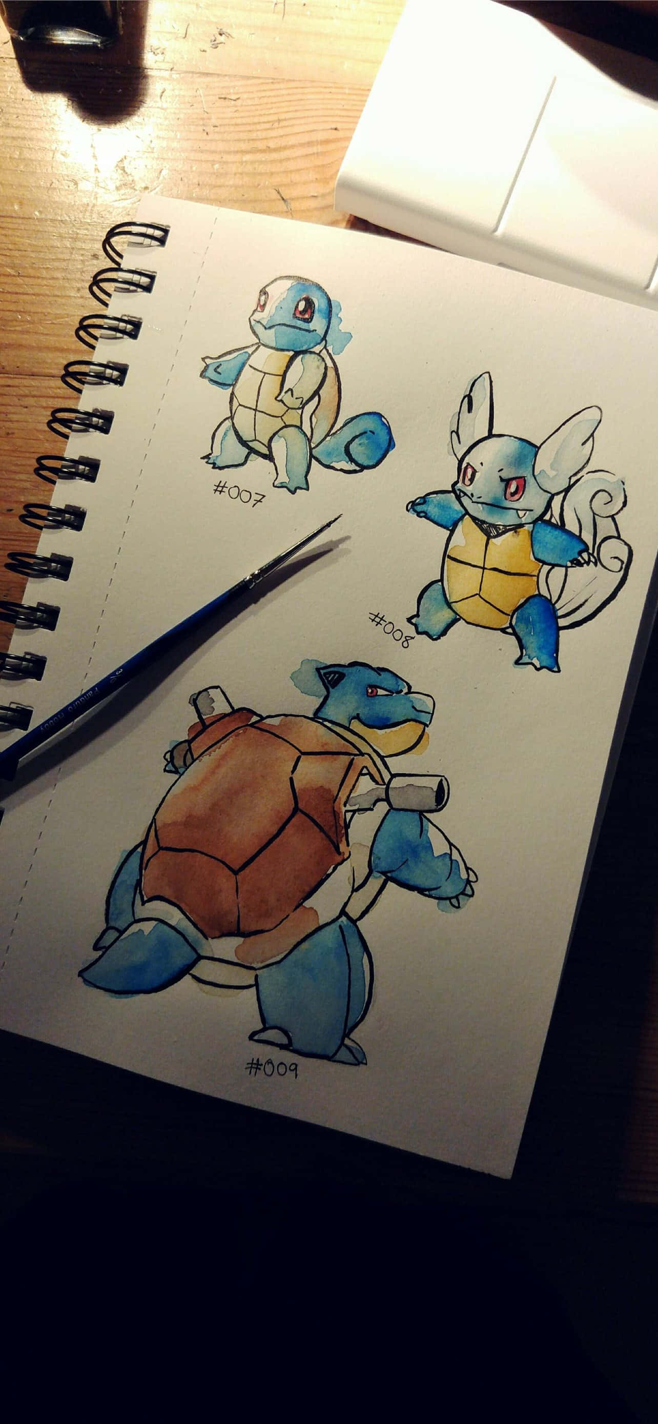 ภาพวาดสีน้ำของ Squirtle, Wartortle และ Blastoise วอลเปเปอร์