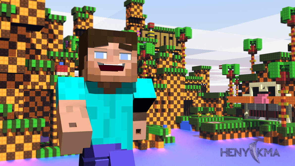 “Steve หัวเราะเพลิดเพลินกับแสงแดดในโลกแห่งบล็อก Minecraft” วอลเปเปอร์