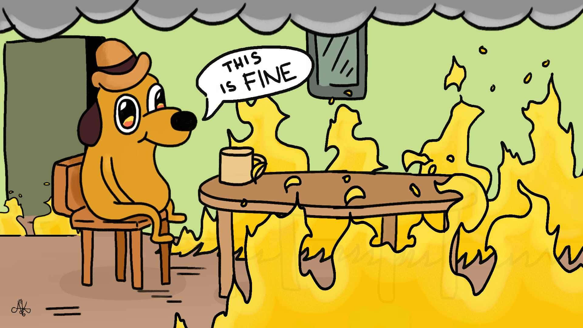 มีม This Is Fine กับห้องครัวที่กำลังลุกไหม้ วอลเปเปอร์