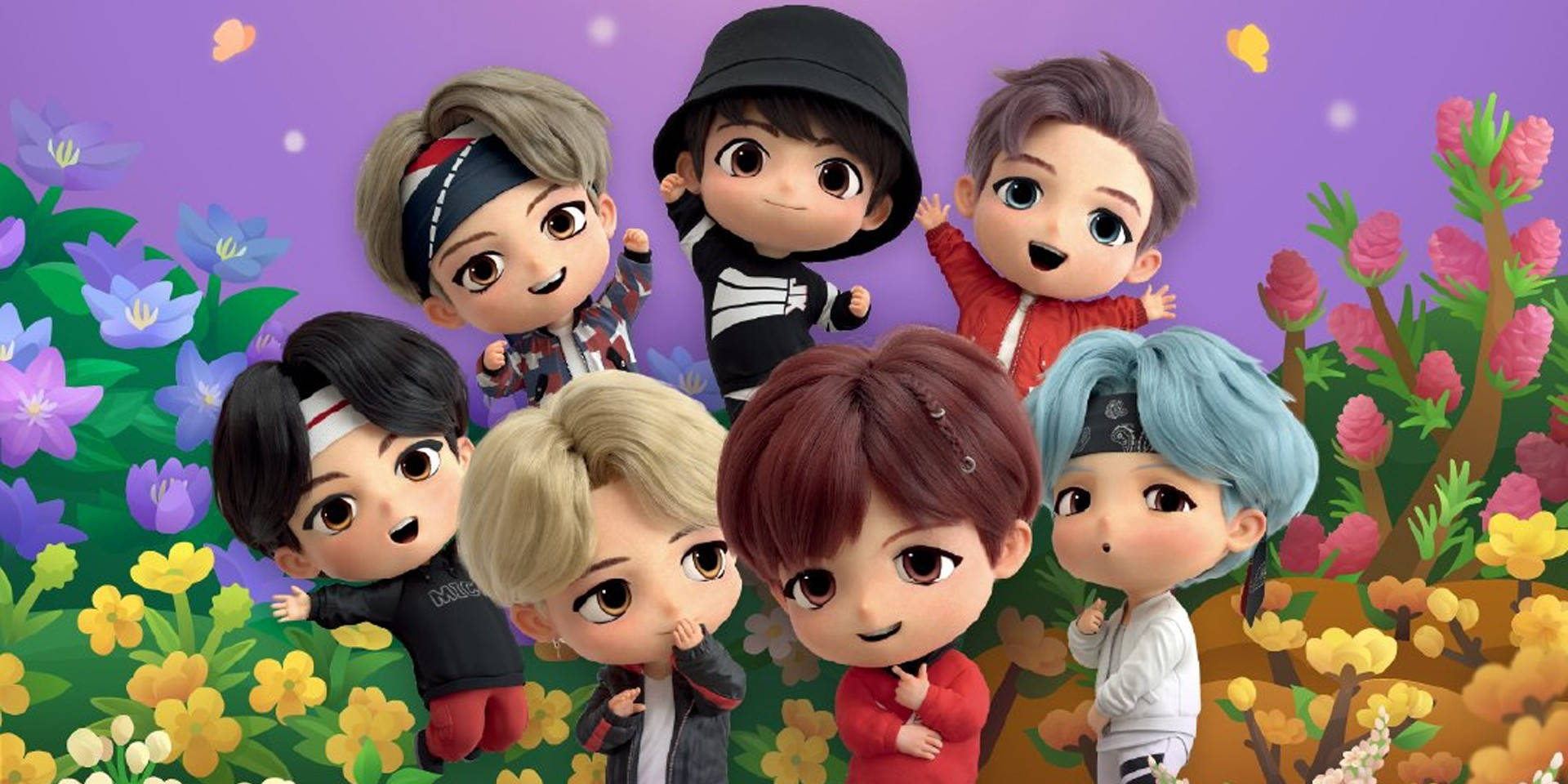 Tiny Tan BTS: อนิเมชั่นมินิเจอร์ของหนุ่มๆ บังทันในสวนพืชสีสันสดใส วอลเปเปอร์