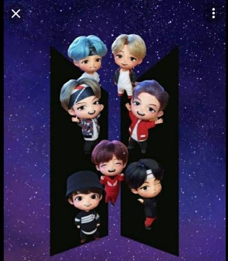 TinyTan BTS ส่องสว่างบนพื้นหลังสีฟ้าที่เต็มไปด้วยดวงดาว วอลเปเปอร์