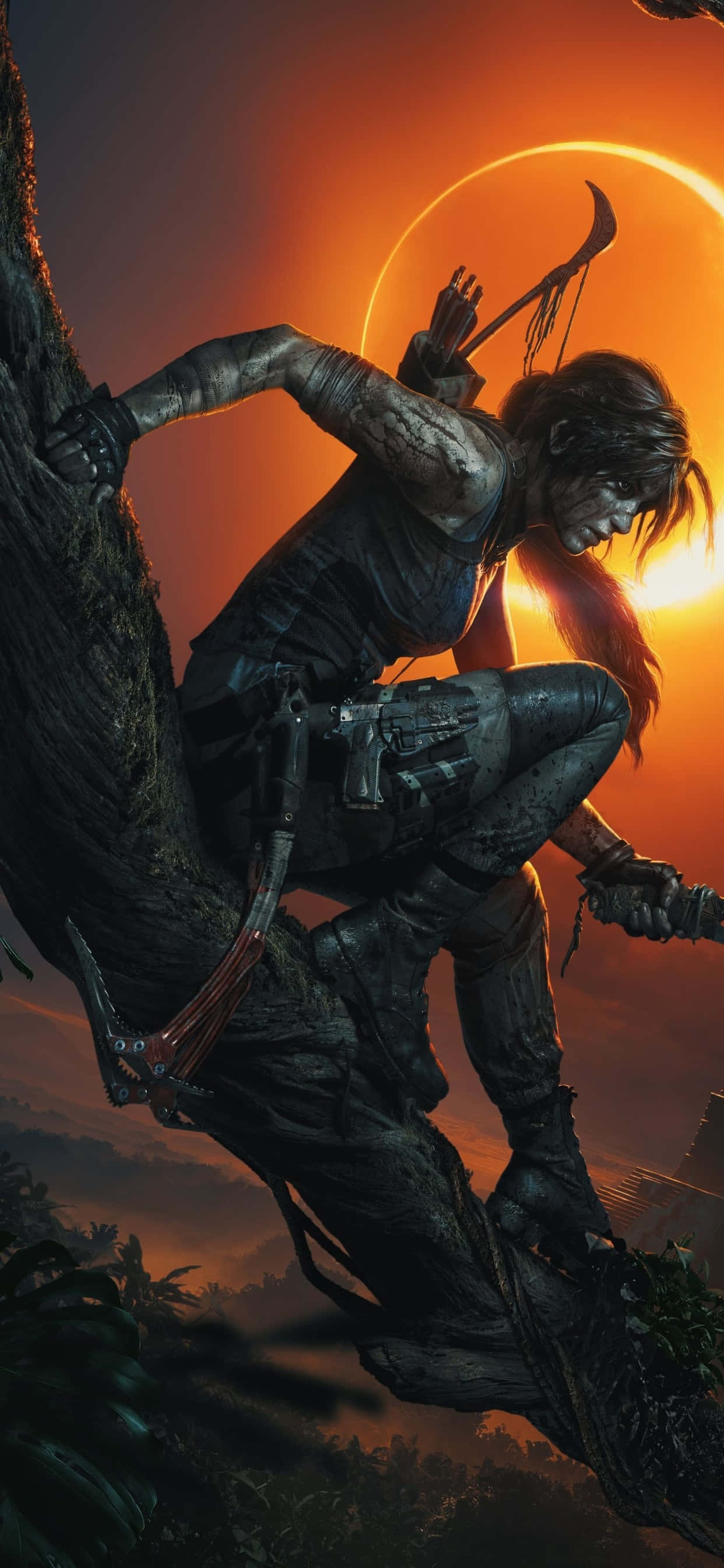 Tomb Raider อยู่ในป่ามีดวงอาทิตย์อยู่ข้างหลังเธอ วอลเปเปอร์