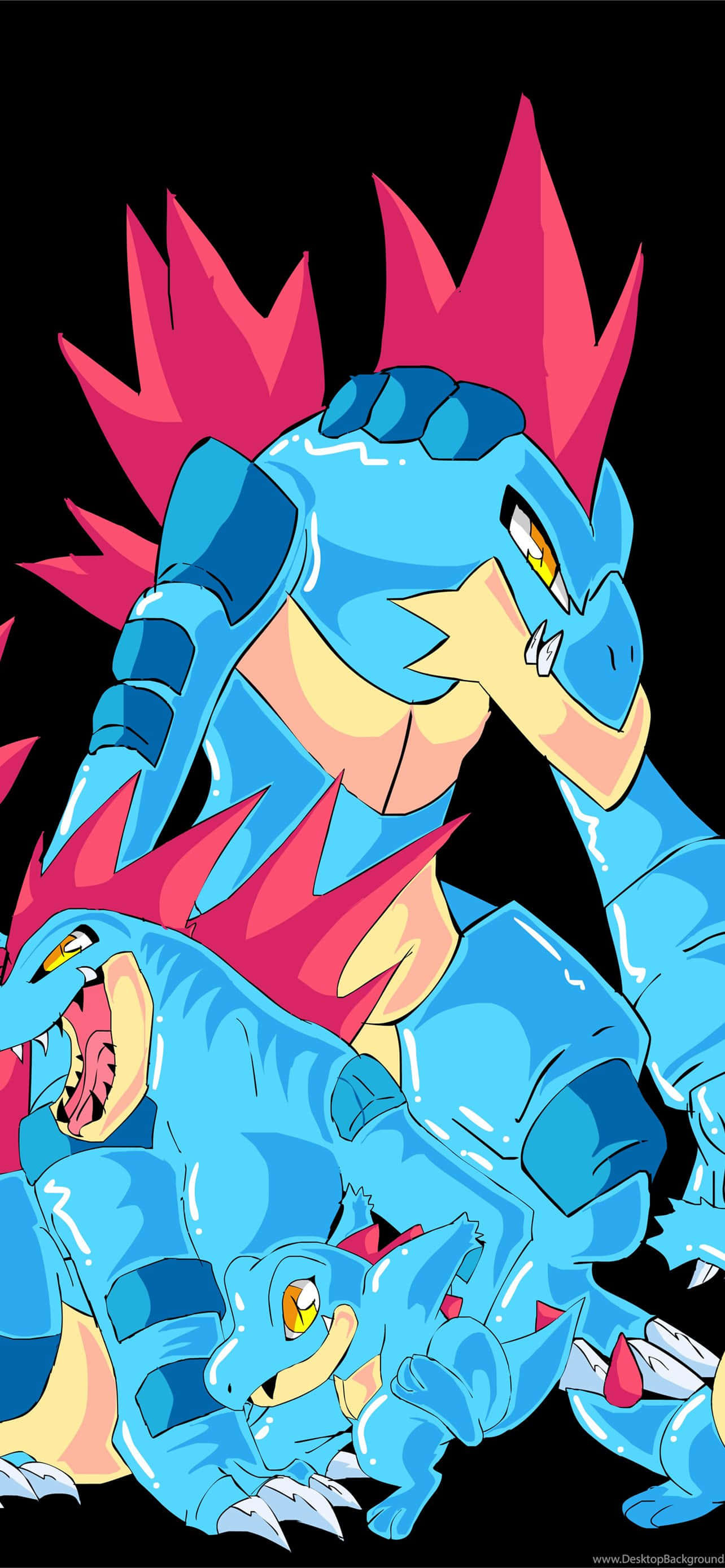 Totodile วิวัฒนาการ - ภาพของ Totodile, Croconaw และ Feraligatr ในพื้นหลังสีดำ วอลเปเปอร์