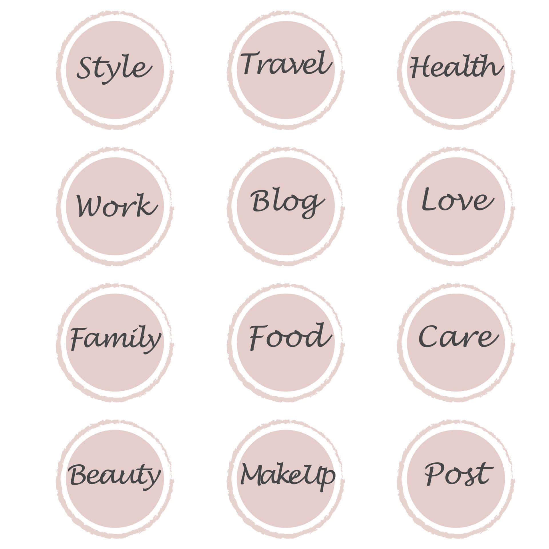 ชุดวงกลมสีชมพูพร้อมคำว่า travel, work, food และ beauty วอลเปเปอร์