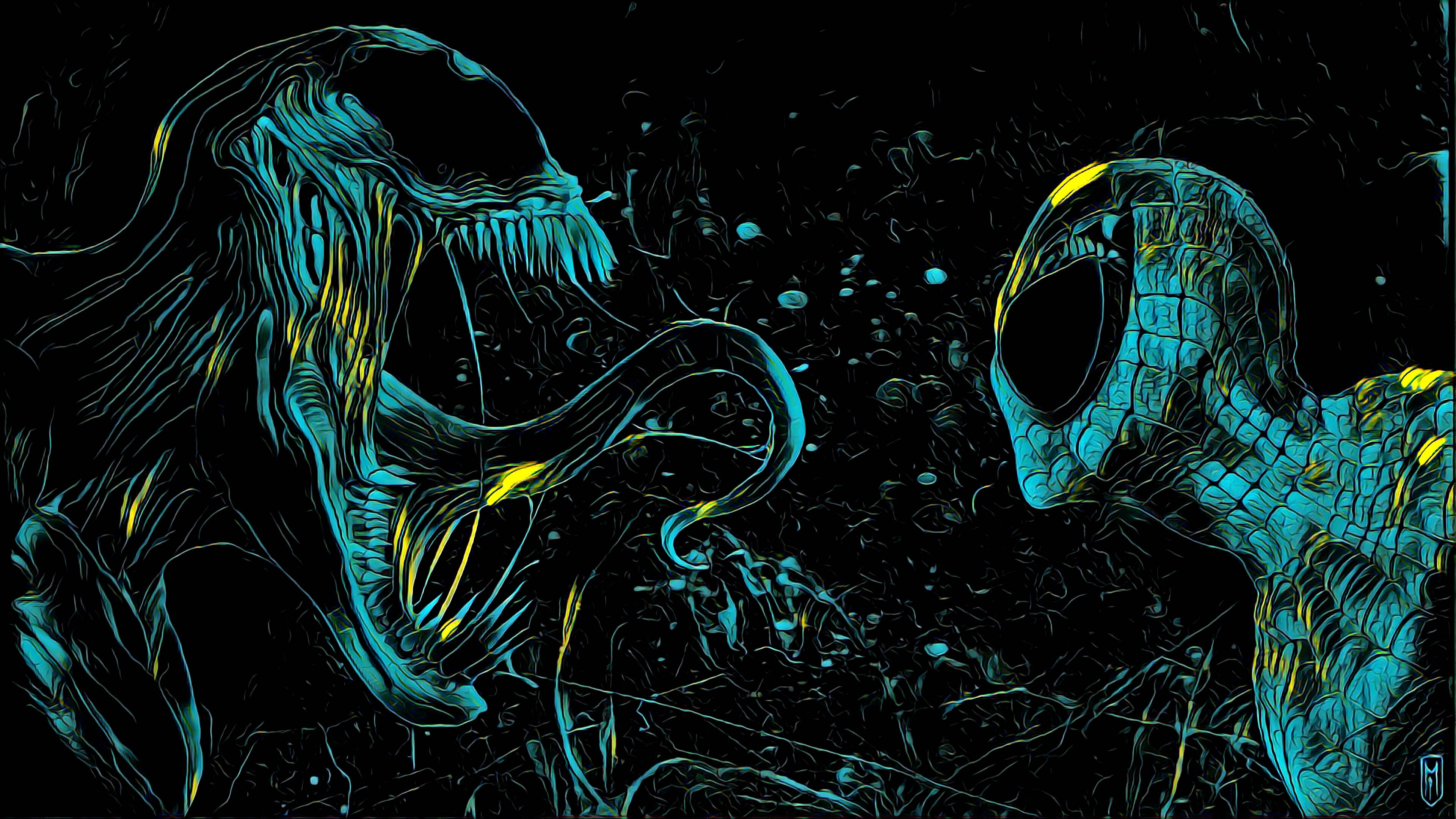 Venom และ Spider-Man สีฟ้าเทา 4K Ultra HD วอลเปเปอร์