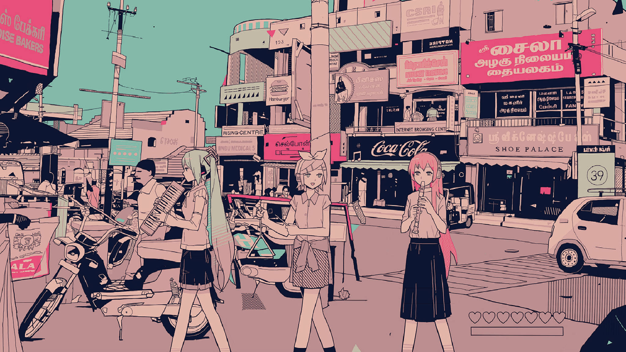 ถนนสไตล์อนิเมะสีชมพูแนว Vocaloid วอลเปเปอร์