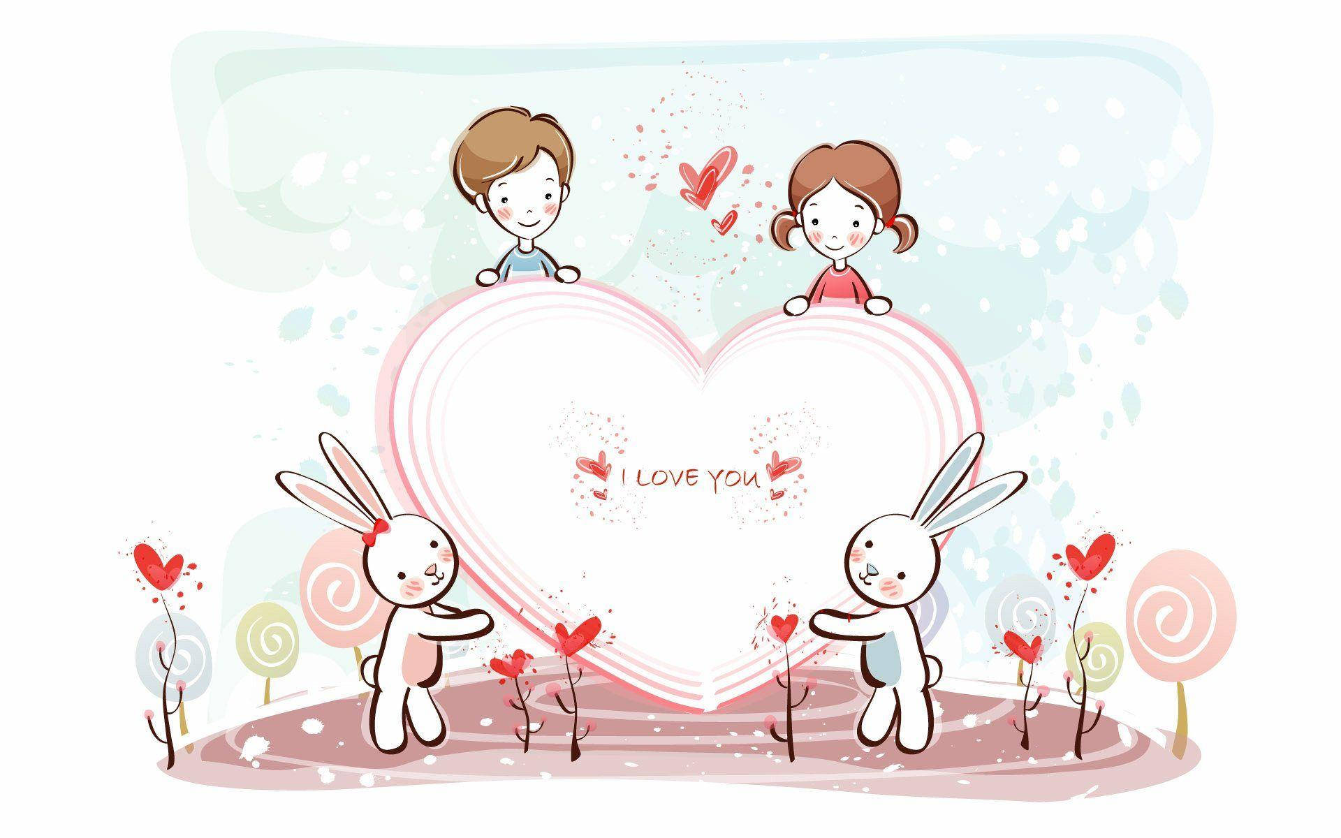 กระต่ายน่ารักแห่งความรักและเด็กๆ วอลเปเปอร์