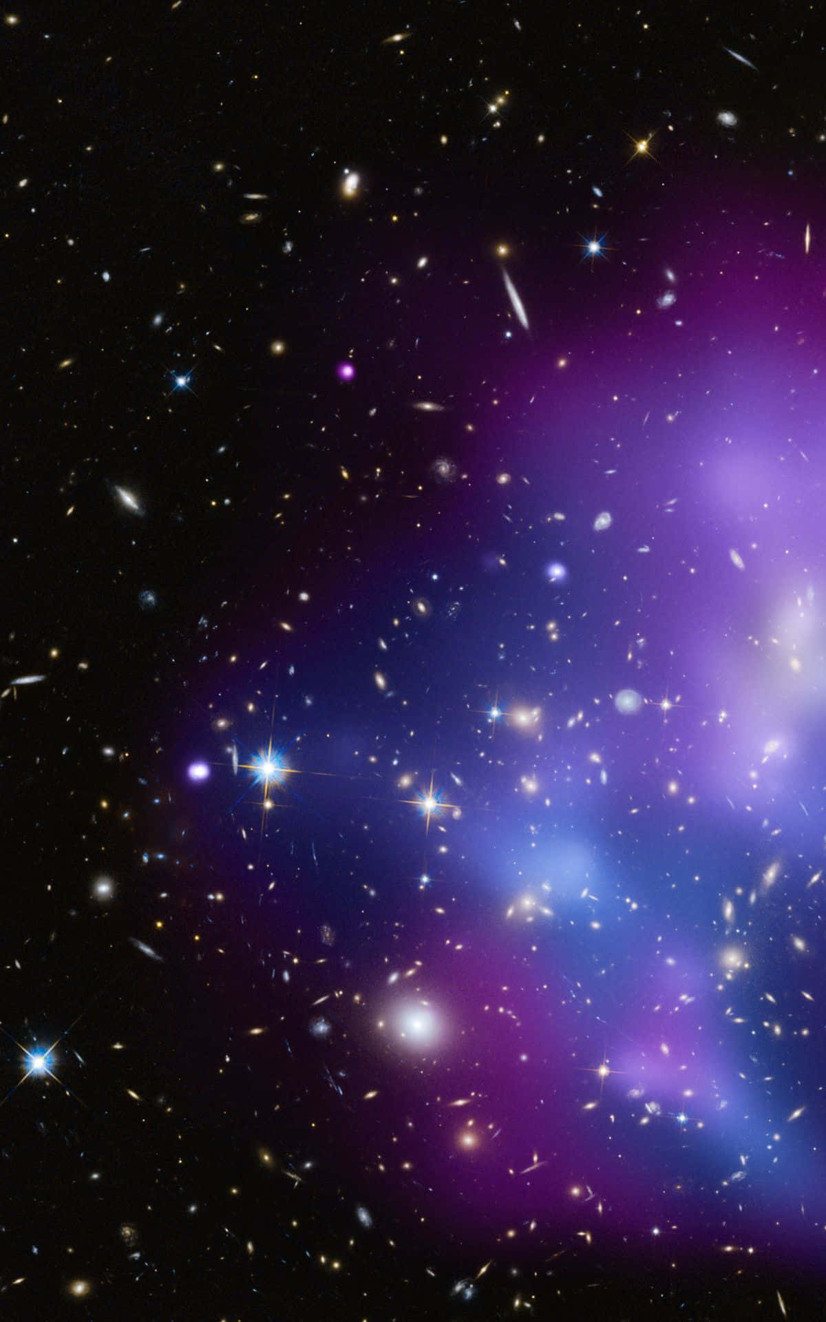 กลุ่มกาแล็กซีที่มีดาวมากมายและสีม่วง วอลเปเปอร์